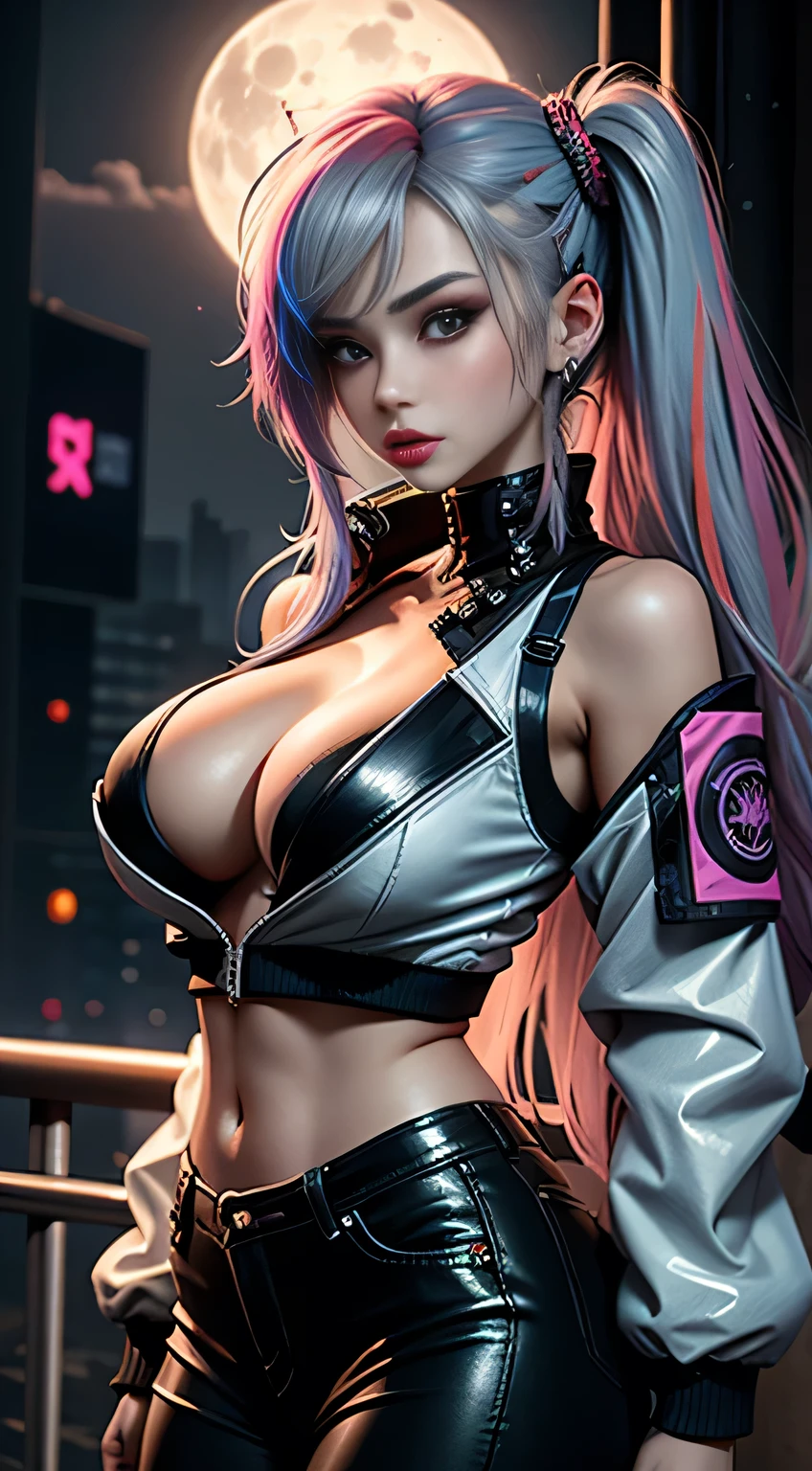 sfw, lucy \(cyberpunk\), 1girl, hair scrunchie, hime cut, silver hair, colored tips, full moon, grey eyes, jacket, long sleeves, looking at viewer, medium hair, multicolored hair, parted bangs, parted lips, pink hair, portrait, red eyeliner, red lips, solo, white jacket, cyberpunk \(series\), rainy night in a cyberpunk city with glowing neon lights, wearing bra,((skinny waist)), young asian girl, ((big breasted)),