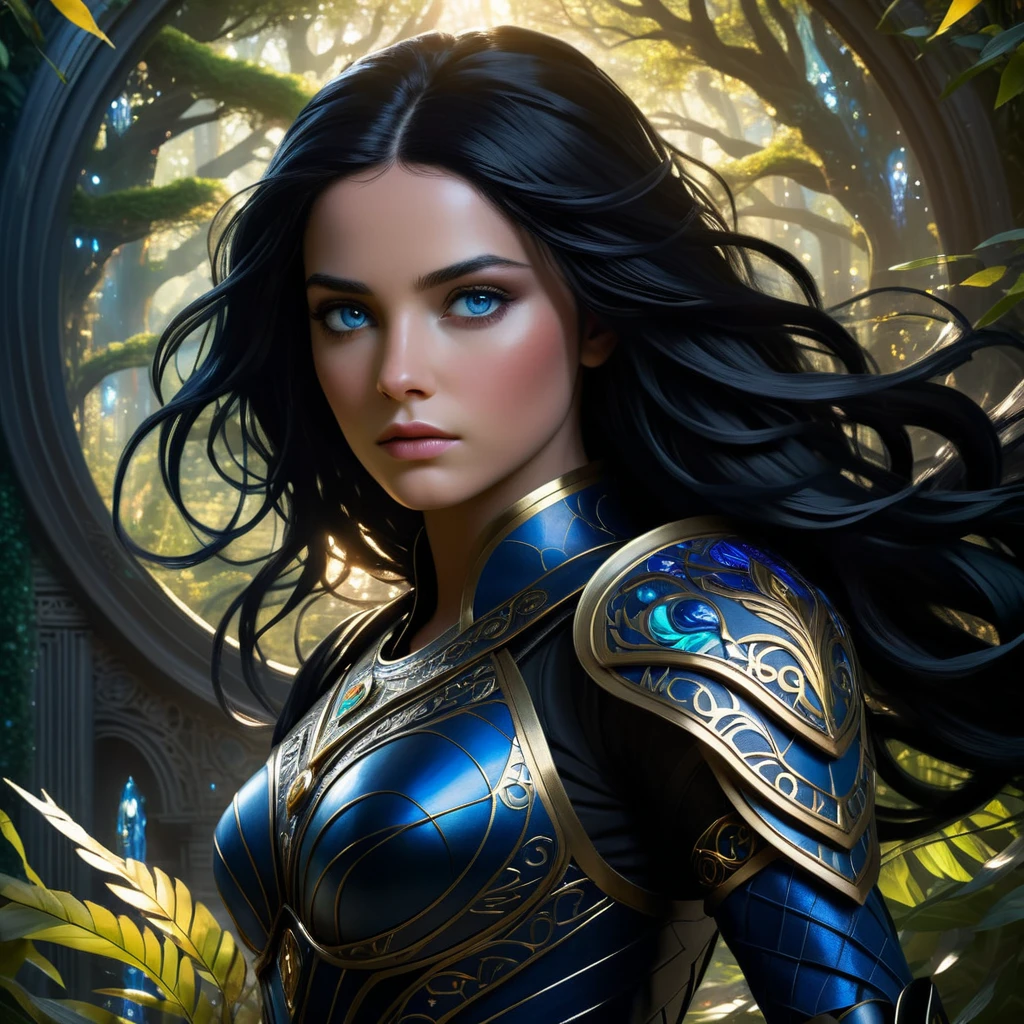 (best quality,4k,highres),determined,brave-hearted Sophia, with her jet-black hair and deep blue eyes, standing boldly in front of the imminent danger that threatens her world. Her unwavering spirit shines through her piercing gaze. The darkness around her is contrasted by the strength that radiates from within her. As she takes a step forward, her determined expression reflects her resolve to save her world. The intricate details of her eyes mesmerize, with striking depth and intensity. Every strand of hair meticulously rendered, showcasing the jet-black color that beautifully frames her face.
The scene is set in a vibrant and fantastical landscape. Lush greenery surrounds Sophia, symbolizing the life force she strives to protect. Majestic trees and colorful blossoms create a serene atmosphere, contrasting the impending danger. The sunlight streams through the leaves, casting enchanting patterns on the ground. The air is filled with an ethereal glow, illuminating every detail with a sense of magic and wonder.
Sophia's attire suits her valiant quest. She wears a regal armor, intricately designed with golden accents and intricate patterns. The armor represents her resilience and unwavering determination. It reflects the light around her, creating a mesmerizing glow. The fabric of her attire flows gracefully, imbued with subtle shades of blue, reminiscent of the deep ocean that mirrors her fearless spirit.
The composition of the scene captures Sophia alone, emphasizing her independent spirit. However, hints of her loyal companions can be seen subtly depicted in the background. The mystic creatures, guardians of the magical realm, watch over her with unwavering devotion. Their presence adds an element of mystique and enchantment to the scene.
The artistic style is a blend of epic fantasy and realism. The intricate details and realistic proportions of Sophia's features, combined with the fantastical elements of the landscape, create a harmonious balance between real