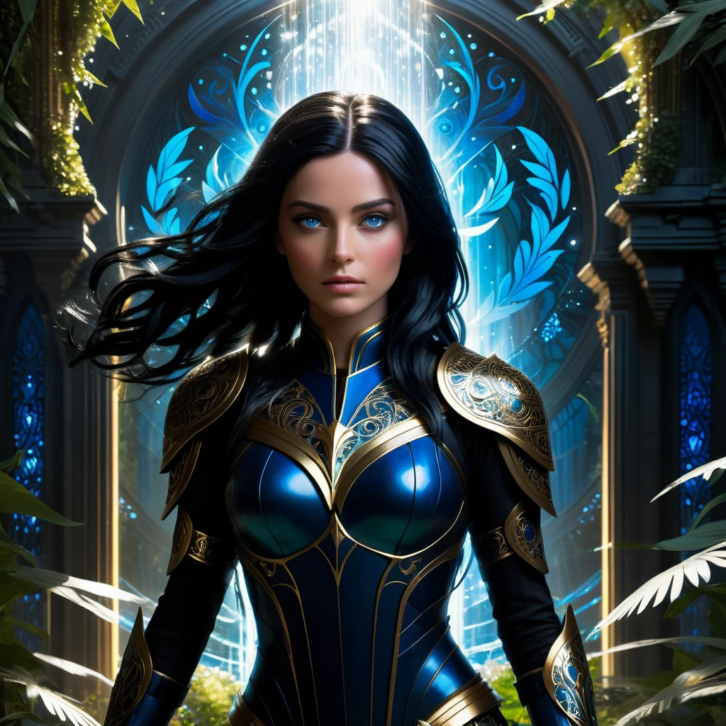 (best quality,4k,highres),determined,brave-hearted Sophia, with her jet-black hair and deep blue eyes, standing boldly in front of the imminent danger that threatens her world. Her unwavering spirit shines through her piercing gaze. The darkness around her is contrasted by the strength that radiates from within her. As she takes a step forward, her determined expression reflects her resolve to save her world. The intricate details of her eyes mesmerize, with striking depth and intensity. Every strand of hair meticulously rendered, showcasing the jet-black color that beautifully frames her face.
The scene is set in a vibrant and fantastical landscape. Lush greenery surrounds Sophia, symbolizing the life force she strives to protect. Majestic trees and colorful blossoms create a serene atmosphere, contrasting the impending danger. The sunlight streams through the leaves, casting enchanting patterns on the ground. The air is filled with an ethereal glow, illuminating every detail with a sense of magic and wonder.
Sophia's attire suits her valiant quest. She wears a regal armor, intricately designed with golden accents and intricate patterns. The armor represents her resilience and unwavering determination. It reflects the light around her, creating a mesmerizing glow. The fabric of her attire flows gracefully, imbued with subtle shades of blue, reminiscent of the deep ocean that mirrors her fearless spirit.
The composition of the scene captures Sophia alone, emphasizing her independent spirit. However, hints of her loyal companions can be seen subtly depicted in the background. The mystic creatures, guardians of the magical realm, watch over her with unwavering devotion. Their presence adds an element of mystique and enchantment to the scene.
The artistic style is a blend of epic fantasy and realism. The intricate details and realistic proportions of Sophia's features, combined with the fantastical elements of the landscape, create a harmonious balance between real
