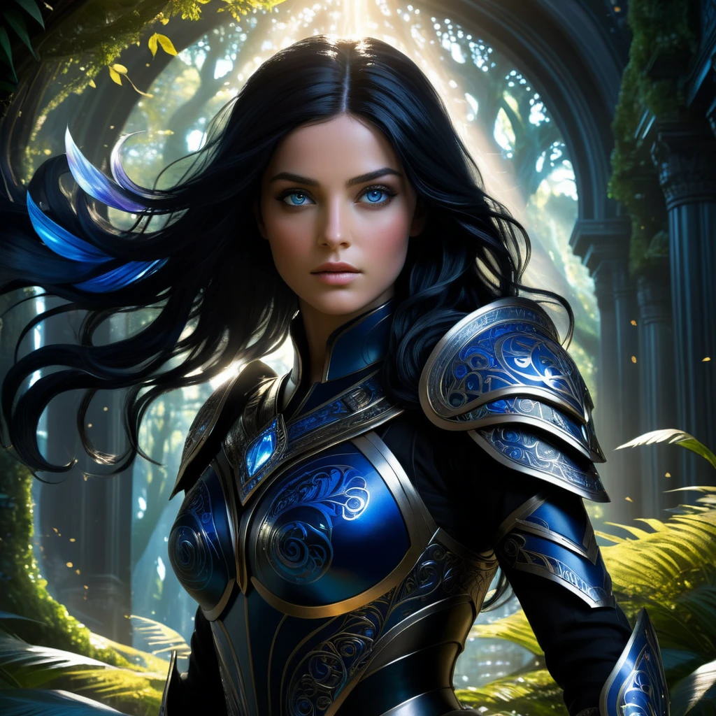 (best quality,4k,highres),determined,brave-hearted Sophia, with her jet-black hair and deep blue eyes, standing boldly in front of the imminent danger that threatens her world. Her unwavering spirit shines through her piercing gaze. The darkness around her is contrasted by the strength that radiates from within her. As she takes a step forward, her determined expression reflects her resolve to save her world. The intricate details of her eyes mesmerize, with striking depth and intensity. Every strand of hair meticulously rendered, showcasing the jet-black color that beautifully frames her face.
The scene is set in a vibrant and fantastical landscape. Lush greenery surrounds Sophia, symbolizing the life force she strives to protect. Majestic trees and colorful blossoms create a serene atmosphere, contrasting the impending danger. The sunlight streams through the leaves, casting enchanting patterns on the ground. The air is filled with an ethereal glow, illuminating every detail with a sense of magic and wonder.
Sophia's attire suits her valiant quest. She wears a regal armor, intricately designed with golden accents and intricate patterns. The armor represents her resilience and unwavering determination. It reflects the light around her, creating a mesmerizing glow. The fabric of her attire flows gracefully, imbued with subtle shades of blue, reminiscent of the deep ocean that mirrors her fearless spirit.
The composition of the scene captures Sophia alone, emphasizing her independent spirit. However, hints of her loyal companions can be seen subtly depicted in the background. The mystic creatures, guardians of the magical realm, watch over her with unwavering devotion. Their presence adds an element of mystique and enchantment to the scene.
The artistic style is a blend of epic fantasy and realism. The intricate details and realistic proportions of Sophia's features, combined with the fantastical elements of the landscape, create a harmonious balance between real