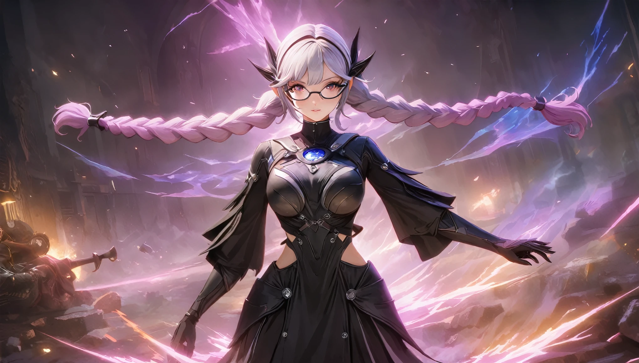 (Obra de arte, melhor qualidade:1.2),  {1 garota, Black and Branco metallic hair accessories，pontas de cabelo gradiente azul-roxo，cabelo roxo，Twin braids} ao lado de {1 ，black frame glasses,cabelo curto preto，Branco/traje de batalha preto}，corpo todo，holding hands，anatomically correct:2，,sorriso，High Saturation, extremely hyper aesthetic intricate detailed, sharp focus, enchanting lighting, trends on Artstation, cinematic lighting, Motor irreal, octane rendering, HDR, motor irreal 5, octane rendering, Cinematic, 32k, natural lighting, Global Illumination with Ray Tracing, melhorado digitalmente, Fotorreal, hiperdetalhado, Efeitos visuais, Alta fidelidade, expressivo, cinematic appearance, detalhes intrincados, incrivelmente detalhado, fotorrealismo,volumetric lighting