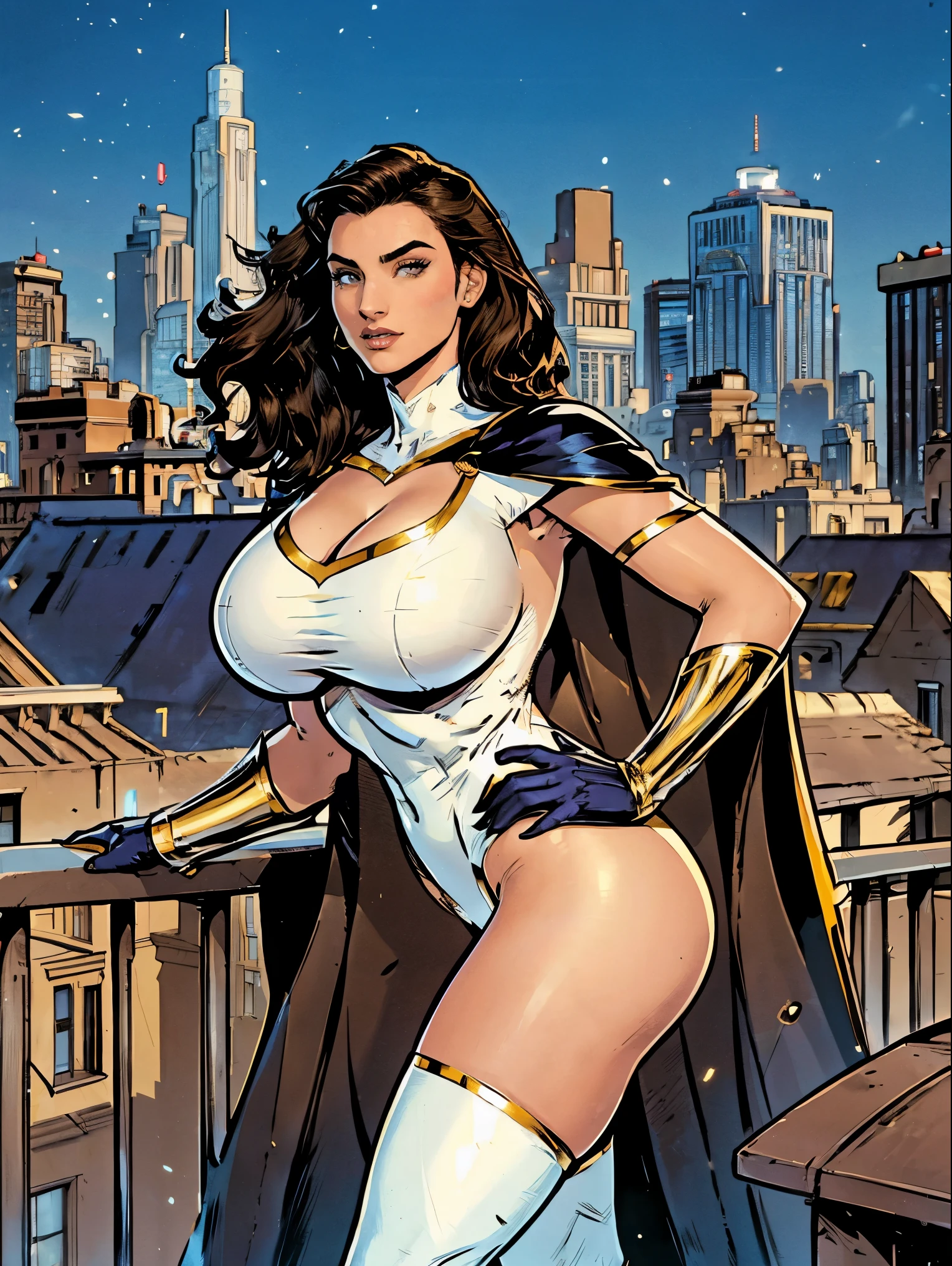 Gorgeous and sultry athletic (thin) brunette with sharp facial features and a (large nose) and (huge boobsring a white and gold superhero leotard, cape, gloves, thigh-high boots. City skyline, rooftops, daytime.