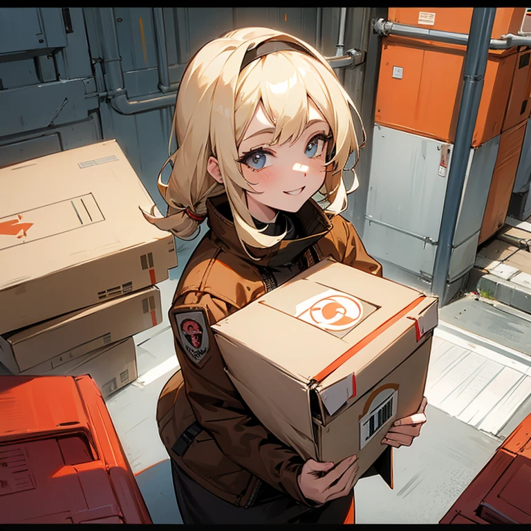 Blonde girl anime postman, holding a brown box in her arms, smiling face, cyberpunk