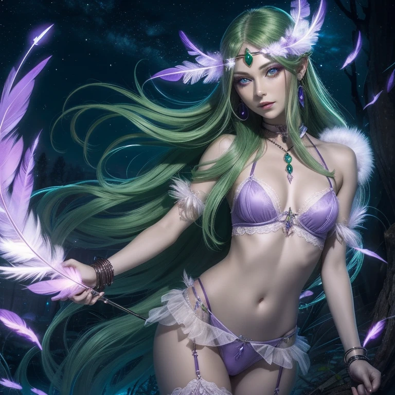 Transparent Sylphid, goddess, Gothic,Long Green Hair, Light purple eyes, jewelry, bracelet, Feather Lingerie,Arrow of Light, fire Fly,night,lake