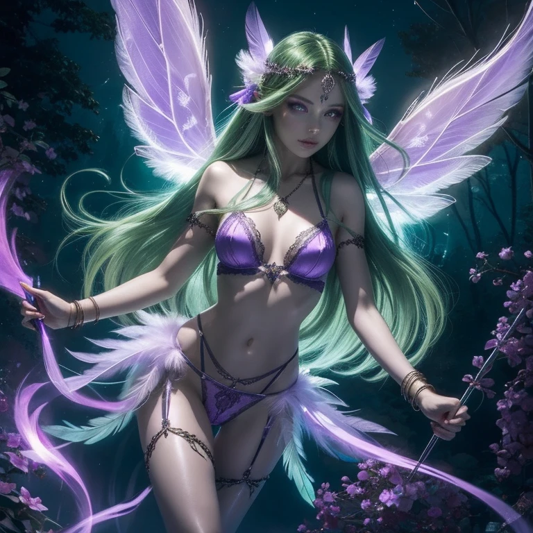 Transparent Sylphid, goddess, Gothic,Long Green Hair, Light purple eyes, jewelry, bracelet, Feather Lingerie,Arrow of Light, fire Fly,night,lake