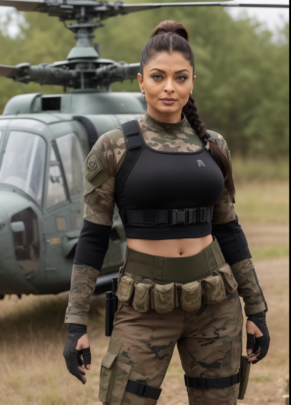 45yo MATURE MILF AISHWARYA RAI, with assault riffle in hands, (photorealistic), beautiful lighting, best quality, realistic, full body portrait, real picture, intricate details, depth of field, 45-years-old, standing next to army helicopter, A very attractive milf sexy solider girl with ((single ponytail hair)), wearing black military shorts and tight crop top, knee high boots, camo plate carrier rig, combat gloves, (kneepads), highly-detailed, perfect face, hazel eyes, lips, wide hips, small waist, tall, make up, tacticool, Fujifilm XT3, outdoors, bright day, Beautiful lighting, RAW photo, 8k uhd, film grain, ((bokeh))