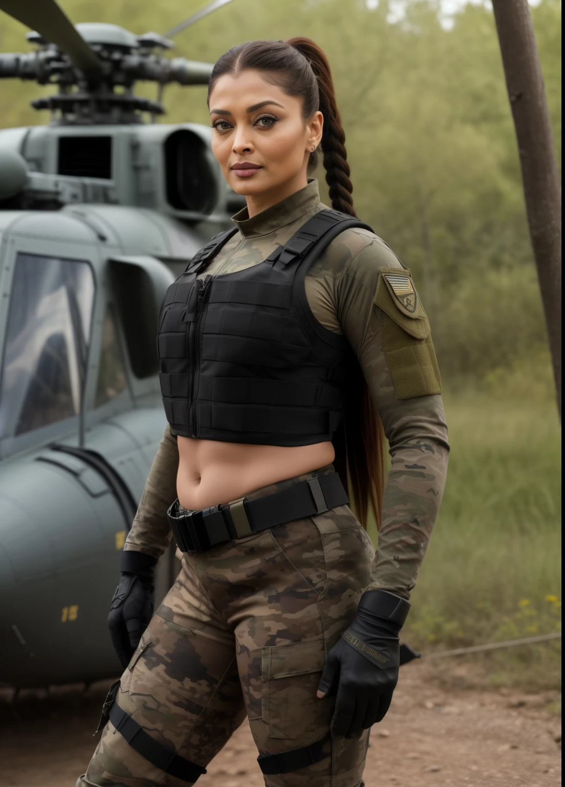 45yo MATURE MILF AISHWARYA RAI, with assault riffle in hands, (photorealistic), beautiful lighting, best quality, realistic, full body portrait, real picture, intricate details, depth of field, 45-years-old, standing next to army helicopter, A very attractive milf sexy solider girl with ((single ponytail hair)), wearing black military shorts and tight crop top, knee high boots, camo plate carrier rig, combat gloves, (kneepads), highly-detailed, perfect face, hazel eyes, lips, wide hips, small waist, tall, make up, tacticool, Fujifilm XT3, outdoors, bright day, Beautiful lighting, RAW photo, 8k uhd, film grain, ((bokeh))