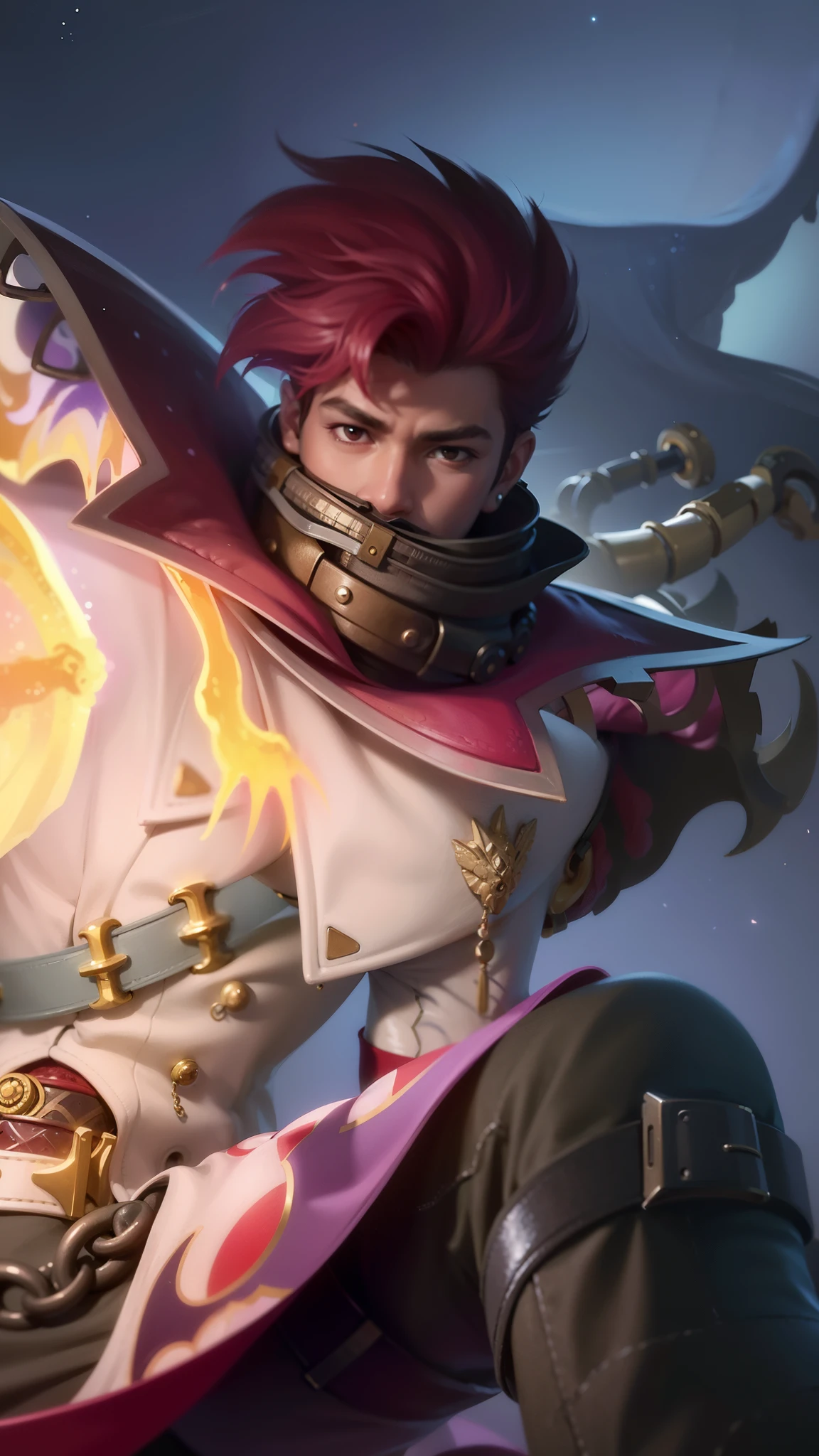a close up of a boy with a steampunk mask on, Best quality, masterpiece, detailed skin texture, detailed clothes texture, detailed face, super detail, 8k, intricate detail, 1 boy, The color doesn't change, Muscle guy, 1 guy, red eyes.