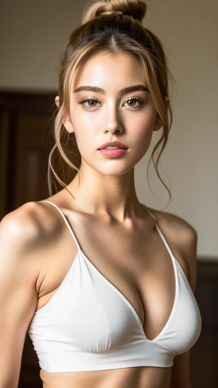 Fashion model 25 years old [[[[close-up]]], [[[[chest]]]], [[[[neck]]], [shoulders]]]]], indoors , exclusive suites room , full waist up pose , upper knees pose ,wavy dark blond bun hair in high ponytail, light brown eyebrows, light freckles, Perfect hazel eyes, Perfect iris, Perfect lips, Perfect teeth, Perfect skin, Soft front light, Glow, HDR, (Soft color: 1.2), full waist up pose , upper knees pose , damp, cleavage 