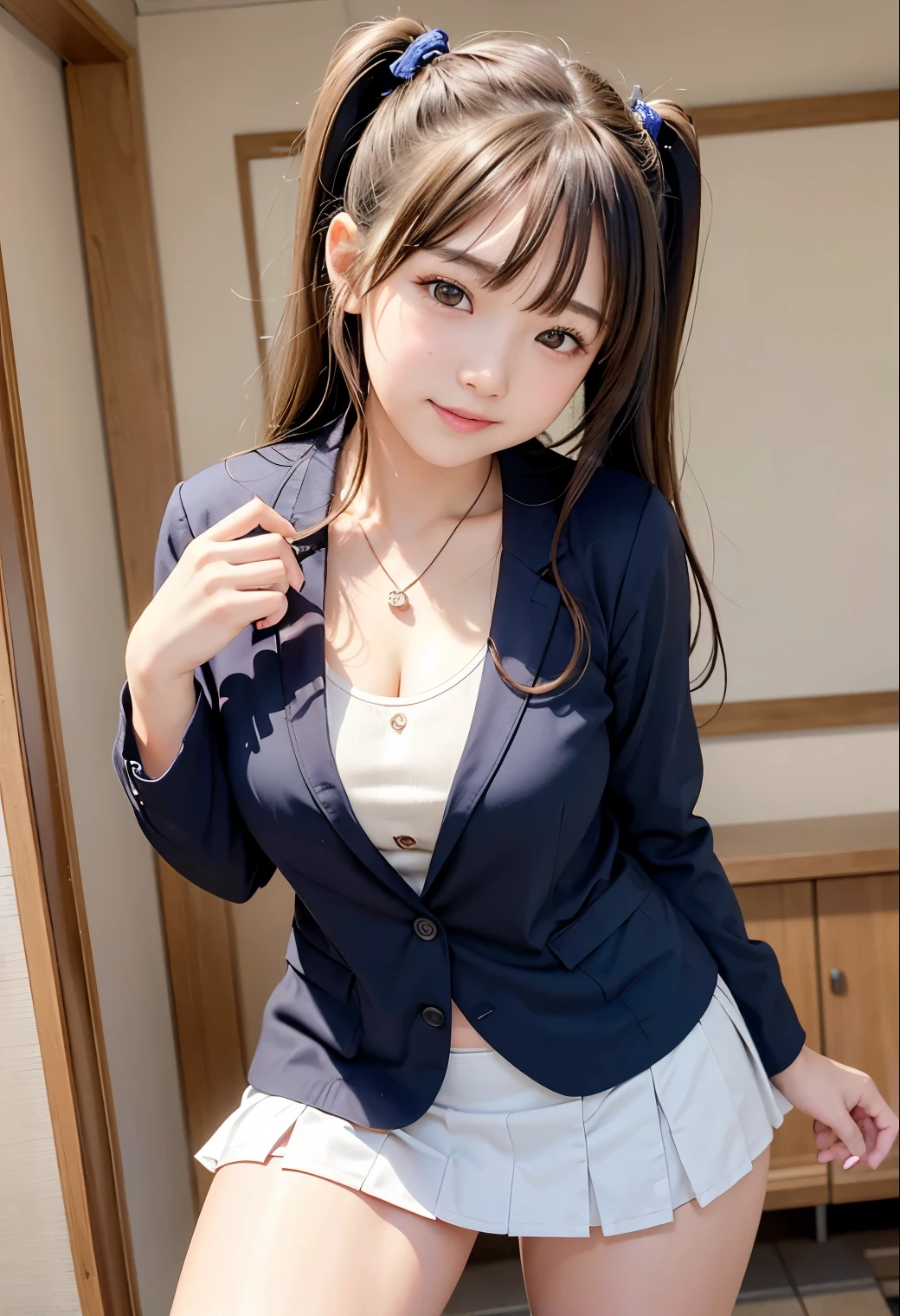 (highest quality,masterpiece:1.3,Ultra-high resolution),(Very detailed、Caustics) (Realistic:1.4, RAW shooting、)Ultra-Realistic Capture、Very detailed、Natural skin texture、masterpiece、(Japanese girl wearing a high school blazer:1.3)、Adorable expression、Expressions of happiness、、Height: 148cm、Young Face、Amazingly cute、Twin tail hairstyle、Straight hair、Scrunchie、necklace、Black Hair、light makeup、Slightly large breasts、Bare arms、Shining thighs、Shining ass、Filmed in a junior high ackground in detail、(Appearance without skirt) 、Satin fabric panties are visible、smile、An inviting gaze、Anatomically correct、Cowboy Shot、Attention to detail、Pose that emphasizes the legs、