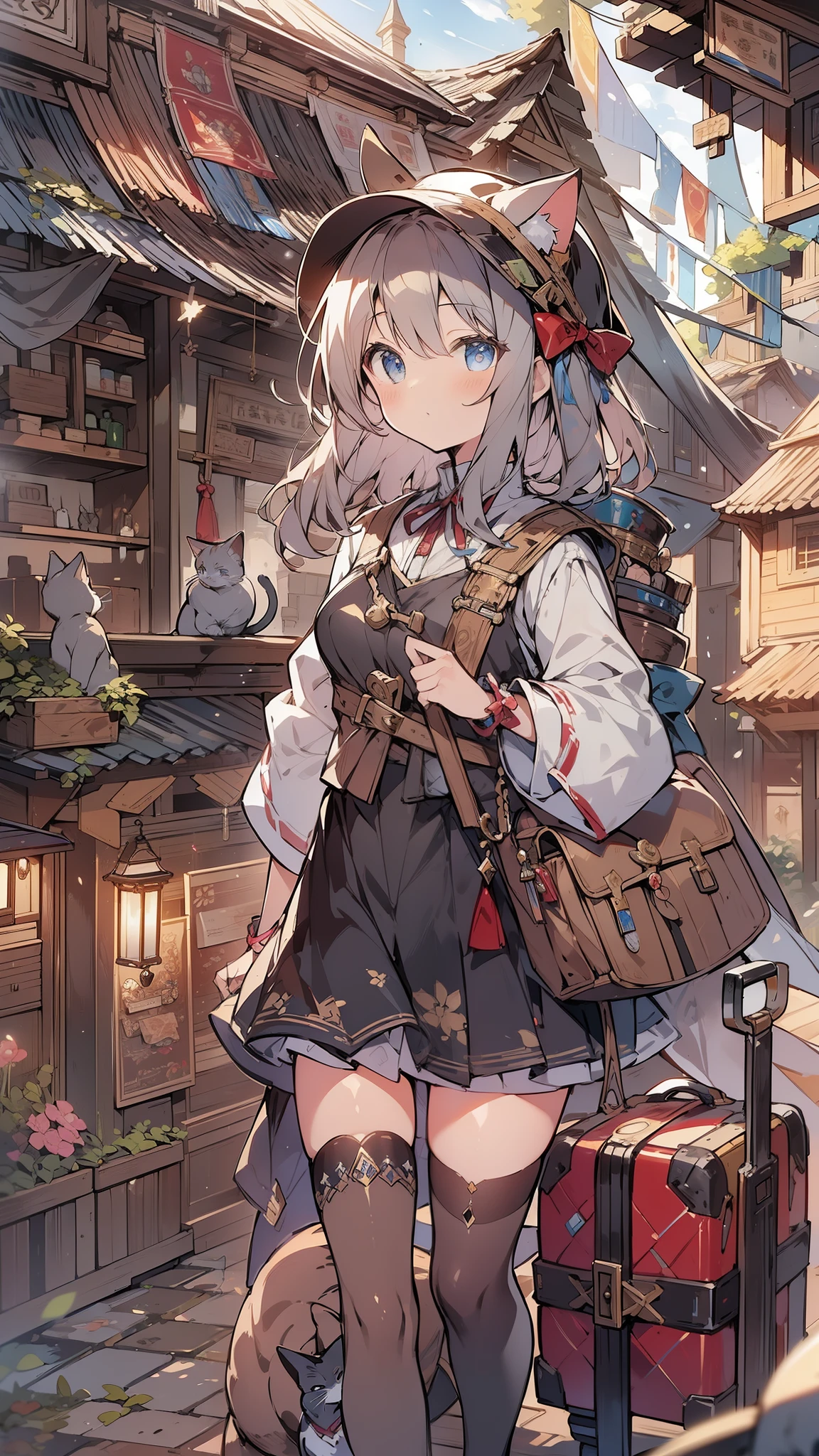(masterpiece:1.2),(anime),(Medieval Background),(Traveling Merchant Girl),Cat in the carrier,One Girl、(Traveling Girl)、(1Cats)