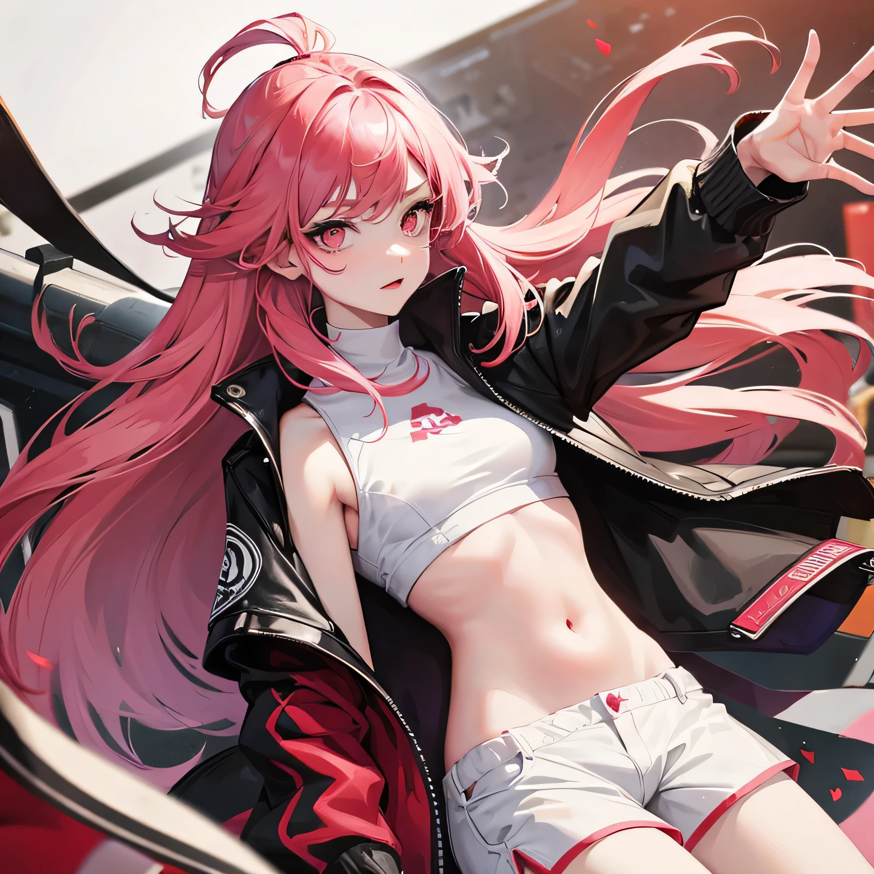 Girl with crimson hair and white strands, clothing top and shorts. with pink eyes, Loose hair