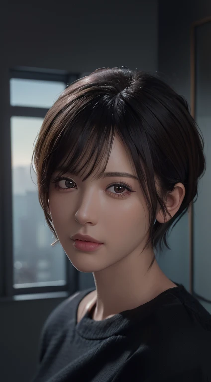 (masterpiece:1.3), (8k, photorealistic, RAW photo, best quality: 1.4), (1girl), beautiful face, (realistic face), (black hair, short hair:1.3), beautiful hairstyle, realistic eyes, beautiful detailed eyes, (realistic skin), beautiful skin, (sweater), absurdres, attractive, ultra high res, ultra realistic, highly detailed, golden ratio