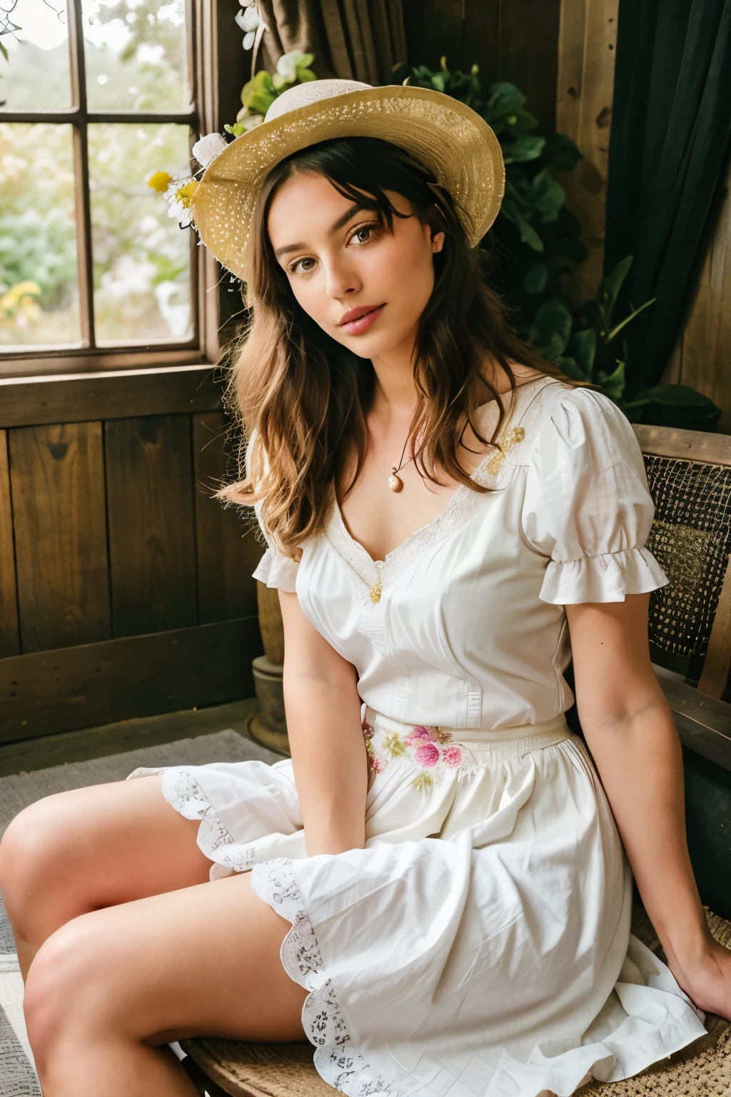 Photorealistic, ultra-detailed, Influencer portrait, Fashion Cottagecore scene, Solo, sitting cross-legged on a flower-embroidered vintage chair, in a rustic cottage interior with vintage lace curtains, soft sunlight filtering through, dappled light, bright afternoon, spring or early summer, blooming flowers and delicate foliage surrounding the cottage, the essence of a whimsical, vintage-inspired fairy tale, youthful, 25 years old, feminine, floral dress with puff sleeves, lace detailing, flowing skirt, ankle boots, accessorized with a straw hat with a floral band, dain