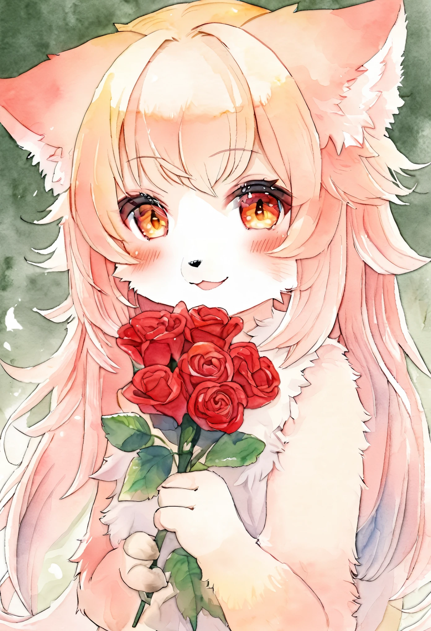 e621, Watercolor elements, 1girl, kemono, furry, detailed body fur, animal face, animal hand, Pretty girl holding a red rose and looking at viewer,