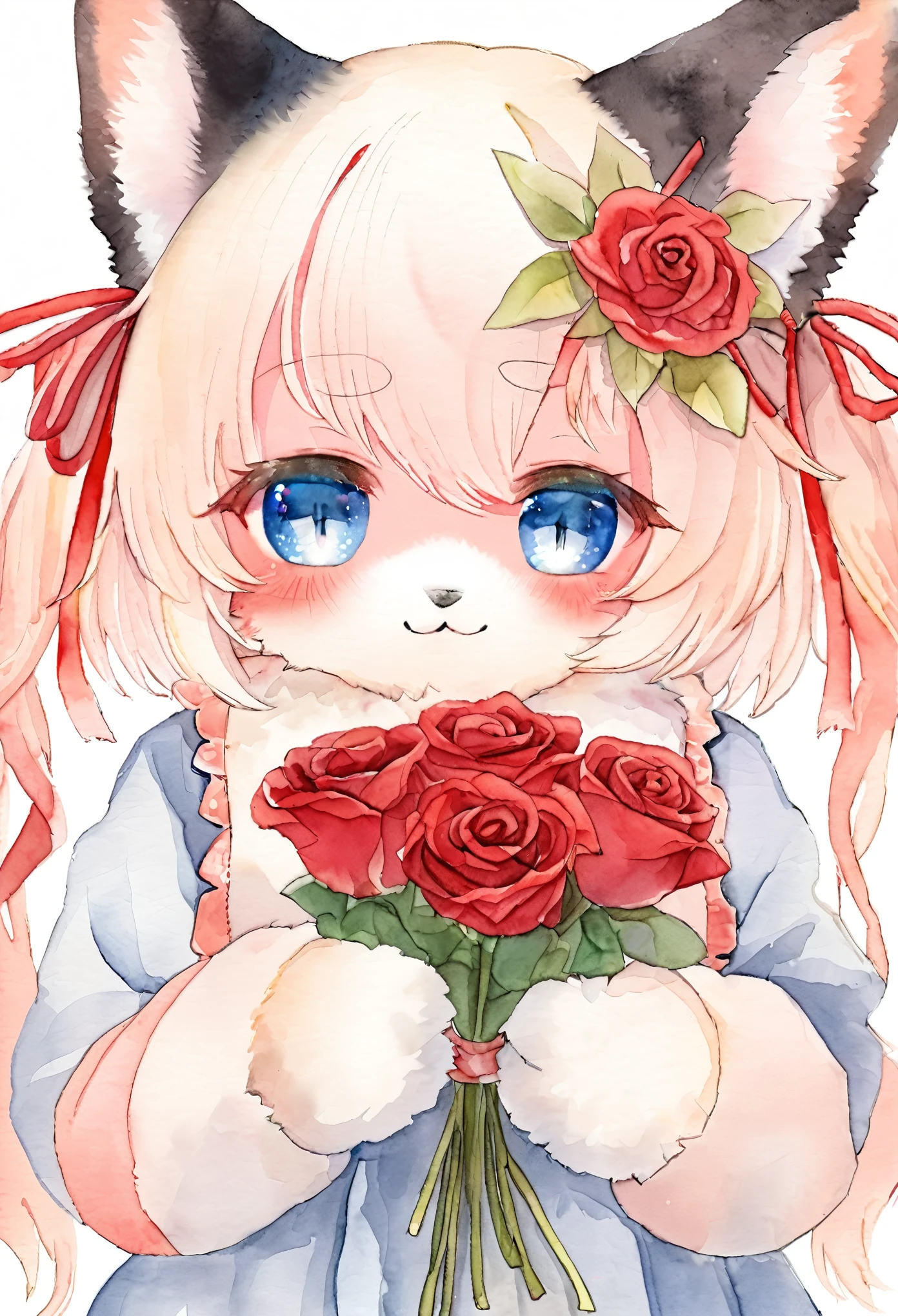 e621, Watercolor elements, 1girl, kemono, furry, detailed body fur, animal face, animal hand, Pretty girl holding a red rose and looking at viewer,