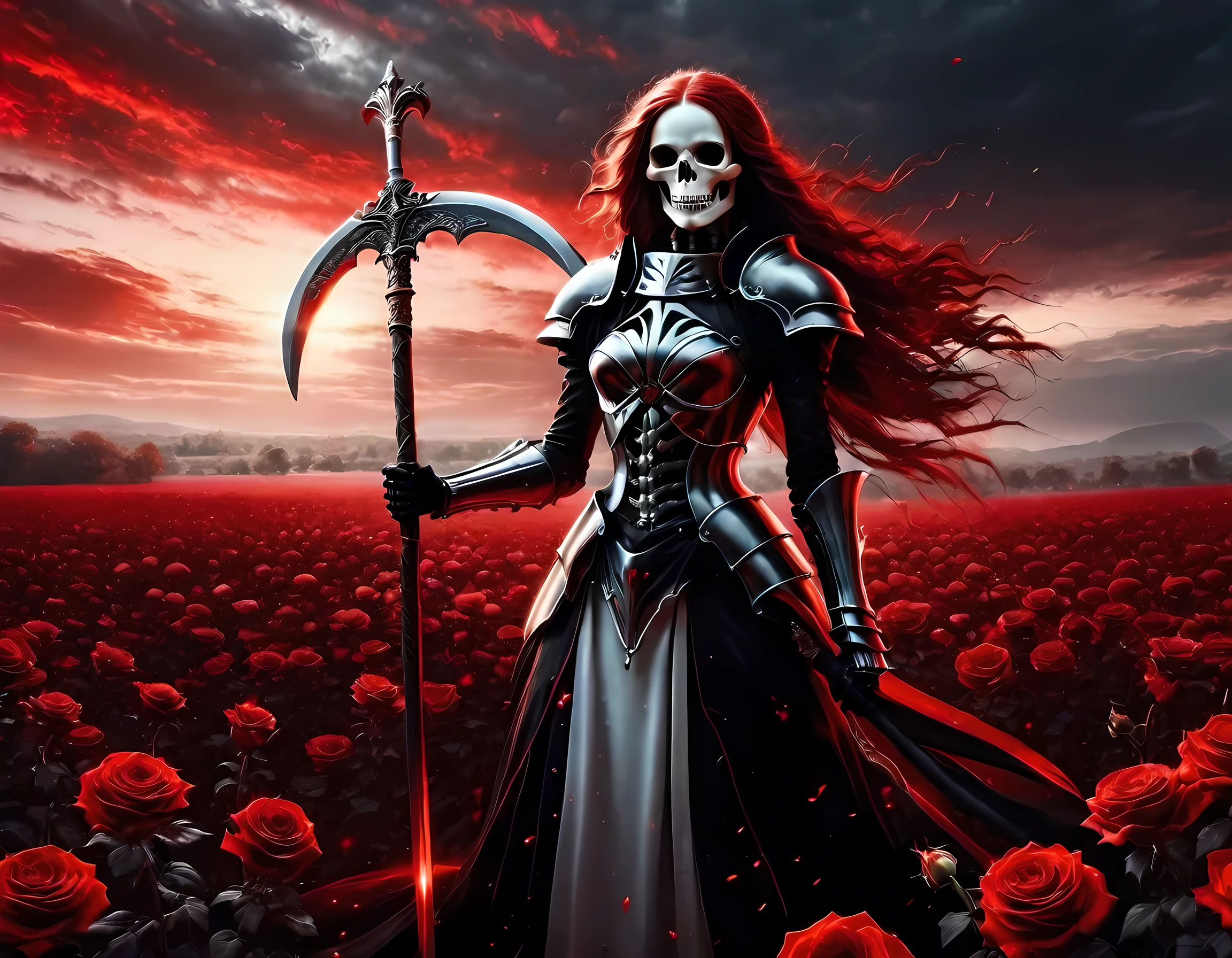 dark fantasy art, a female skeletal grim reaper in a field of white roses, the reaper has (skeletal head: 1.3) , long (red: 1.2) hair , red glowing eyes, she wears black robes, and black armor dress, ArmoredDress, flowing robes, she holds a scythe, in her arms, the scythe is dripping blood, a field of white roses background (best details, Masterpiece, best quality: 1.4), dynamic range, ultra wide shot, photorealism, depth of field, hyper realistic, RagingNebula