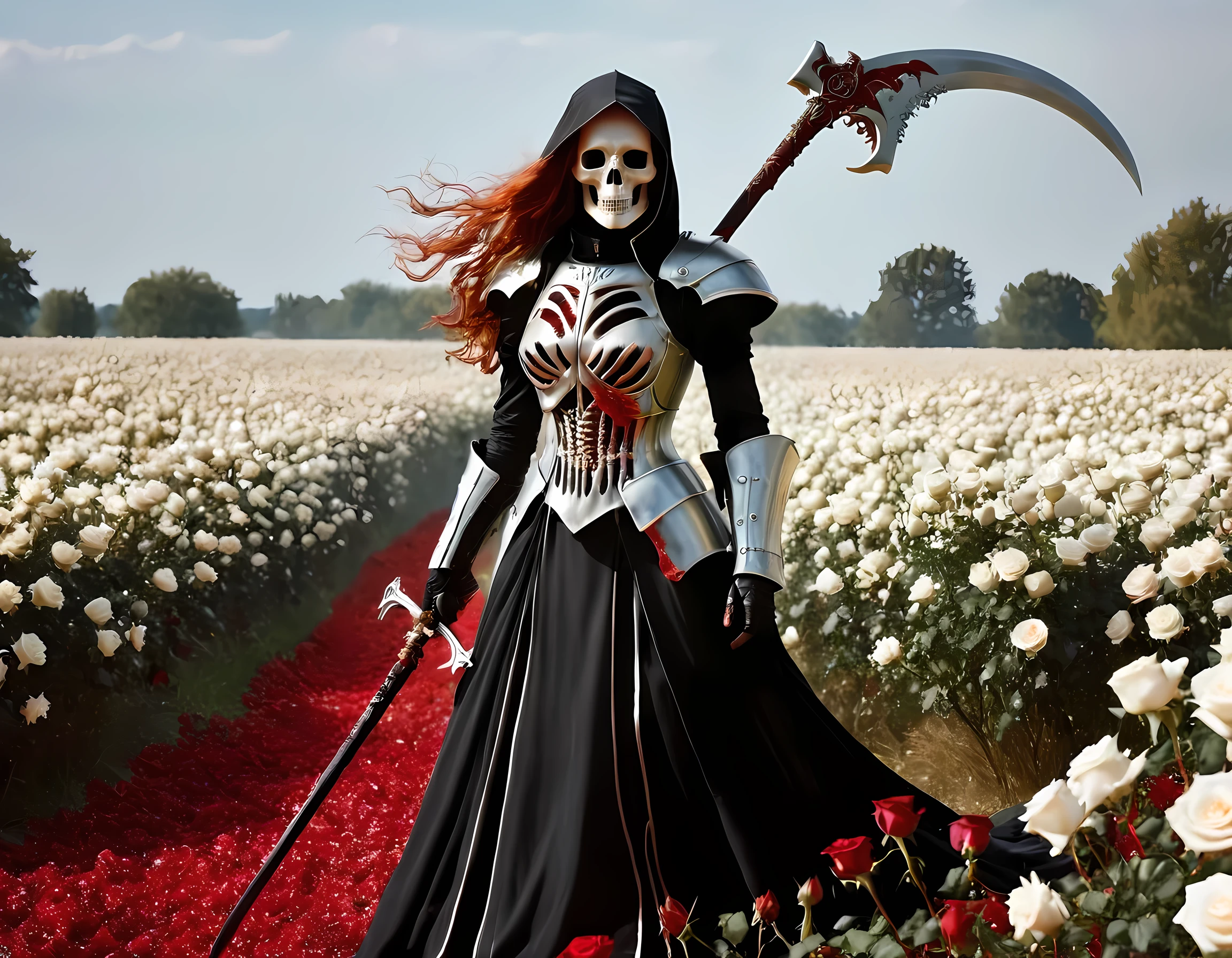 dark fantasy art, a female skeletal grim reaper in a field of white roses, the reaper has (skeletal head: 1.3) , long (red: 1.2) hair , red glowing eyes, she wears black robes, and black armor dress, ArmoredDress, flowing robes, she holds a scythe, in her arms, the scythe is dripping blood, a field of white roses background (best details, Masterpiece, best quality: 1.4), dynamic range, ultra wide shot, photorealism, depth of field, hyper realistic, RagingNebula