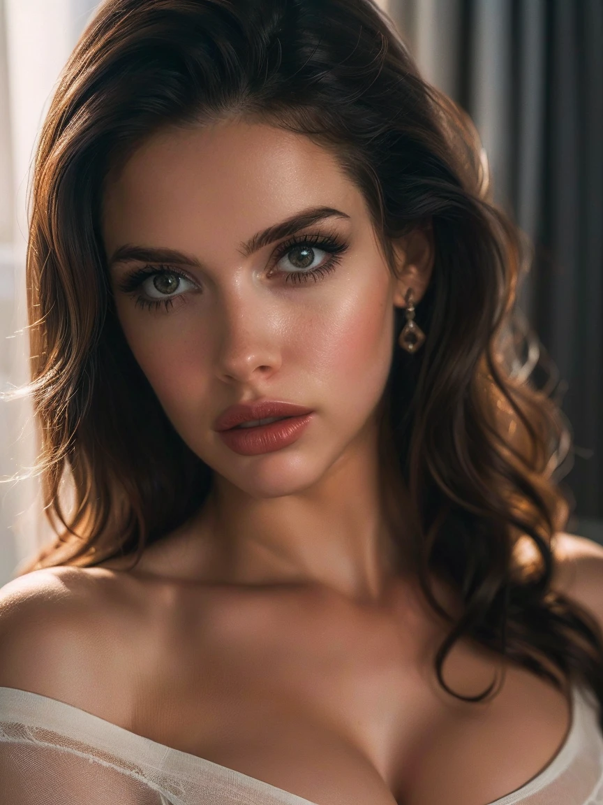 (((ultra realistic:1.37 ))) ,pose of an ultra hot adult movie actress , masterpiece, top quality, (pale skin), (Ultra detailed face and eyes:1.3), 1 adult mature malay white girl, Adult, in a T-shirt, (Eye makeup, mascara) , ((large detailed lips)), ((Dark wavy brunette hair)), ((Cleavage )) , (Natural breasts), Slim sexy waist. ((Posing)), photoshoot, studio (soft lighting), (The play of light and shadows), depth of field, bokeh, (special attention to skin detail: 1.2), ((close-up portrait, close to the camera top view)) , ultra detialed,