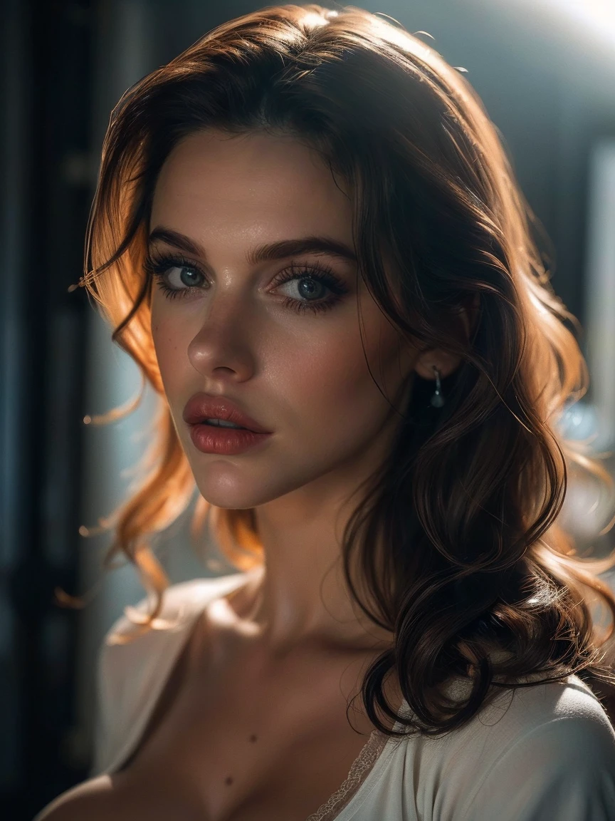 (((ultra realistic:1.37 ))) ,pose of an ultra hot adult movie actress , masterpiece, top quality, (pale skin), (Ultra detailed face and eyes:1.3), 1 adult mature malay white girl, Adult, in a T-shirt, (Eye makeup, mascara) , ((large detailed lips)), ((Dark wavy brunette hair)), ((Cleavage )) , (Natural breasts), Slim sexy waist. ((Posing)), photoshoot, studio (soft lighting), (The play of light and shadows), depth of field, bokeh, (special attention to skin detail: 1.2), ((close-up portrait, close to the camera top view)) , ultra detialed, 