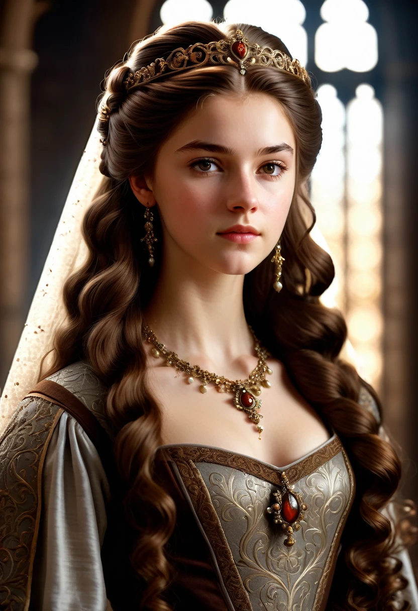 (highly detailed, soft light, photorealistic, realistic light; cinematic) beautiful but spoiled medieval 19-year-old noblewoman with long brown hair in an elaborate hairstyle and dark brown eyes, wearing extravagant dress and jewelry, snobbish air.