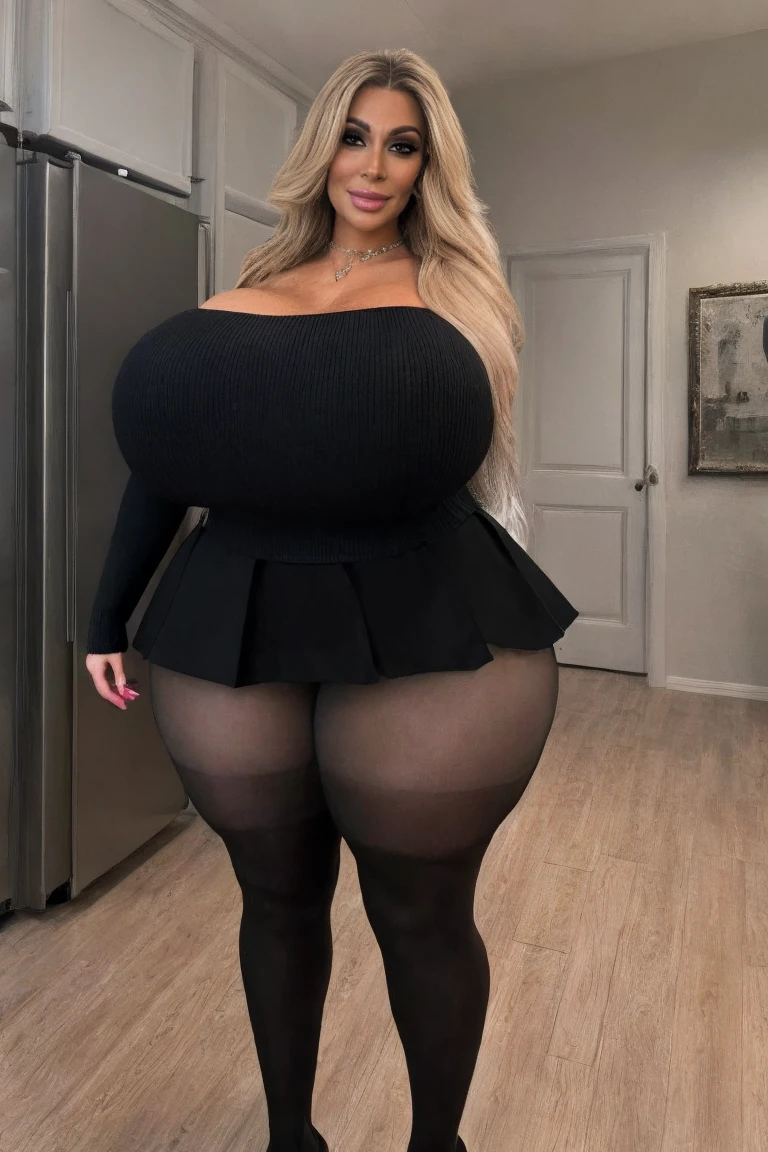 Solo, 1girl, age22, NSFW, Long hair, Colossal breasts, Looking at Viewer, blonde hair, Bare shoulders, Brown eyes, jewelry, Full body, tight black micro skirt, tight black pantyhose, necklace, off the shoulders sexy black sweater, Realistic, curvy, sexy, absurdly wide hips, thick plump thighs, huge round natural ass, enormous huge natural breasts, deep cleavage, Big lips, mature mom, sexy Milf, detailed fingers, accurate fingers
