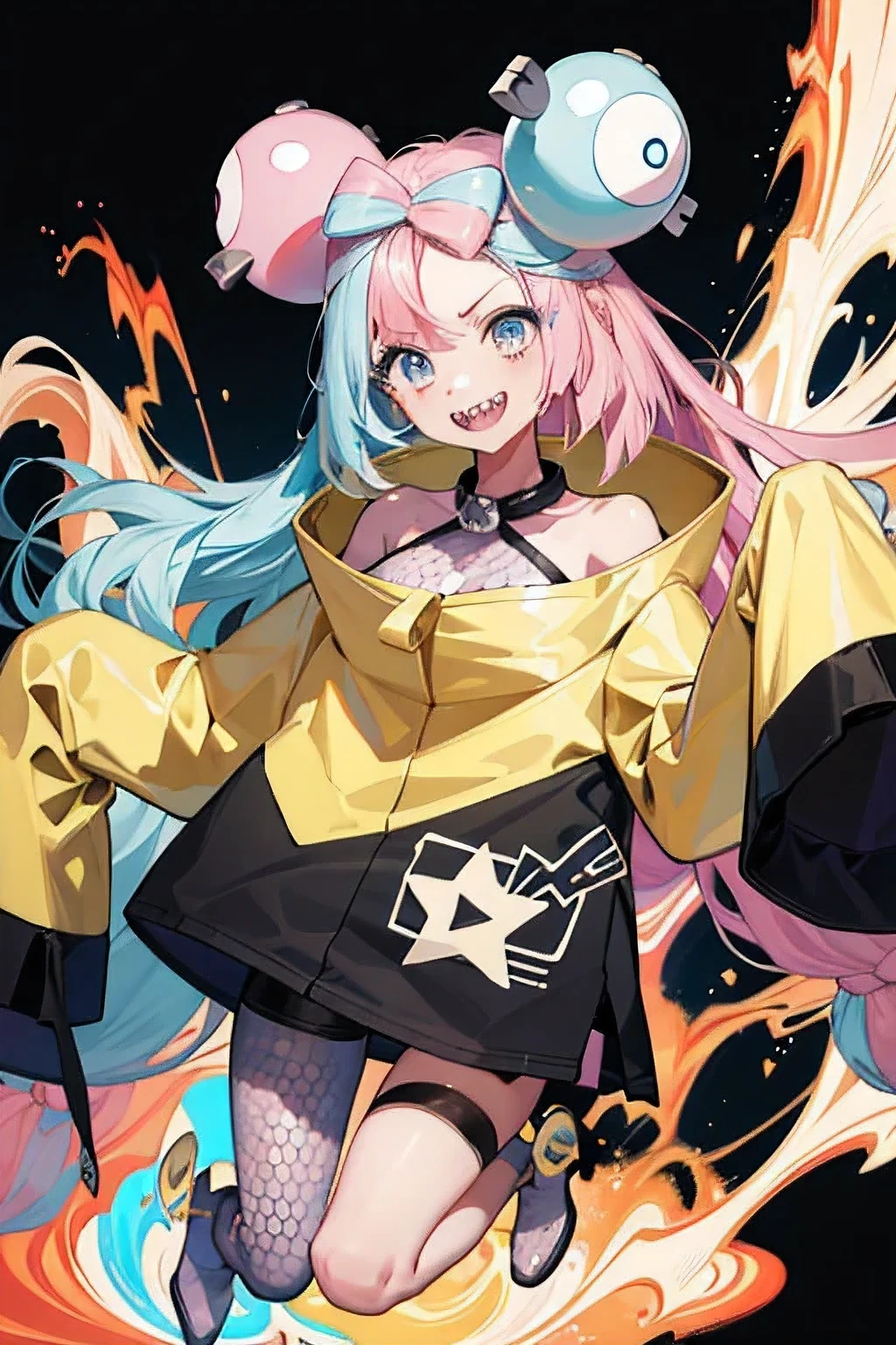 Highest quality、masterpiece、Anime Style、Pink hair and blue eyes、Yellow Jacket、Raise your right hand high、Lower your left hand、Stand with only your right foot、Lift your left leg。Sharp teeth、smile、White background、
