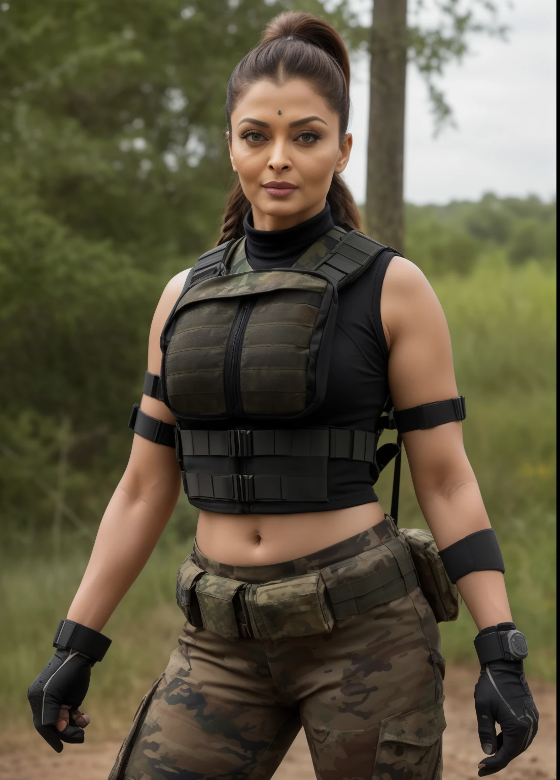 45yo MATURE MILF AISHWARYA RAI, with assault riffle in hands, (photorealistic), beautiful lighting, best quality, realistic, full body portrait, real picture, intricate details, depth of field, 45-years-old, standing next to army helicopter, A very attractive milf sexy solider girl with ((single ponytail hair)), wearing black shorts and tight crop top, knee high boots, camo plate carrier rig, combat gloves, (kneepads), highly-detailed, perfect face, hazel eyes, lips, wide hips, small waist, tall, make up, tacticool, Fujifilm XT3, outdoors, bright day, Beautiful lighting, RAW photo, 8k uhd, film grain, ((bokeh))