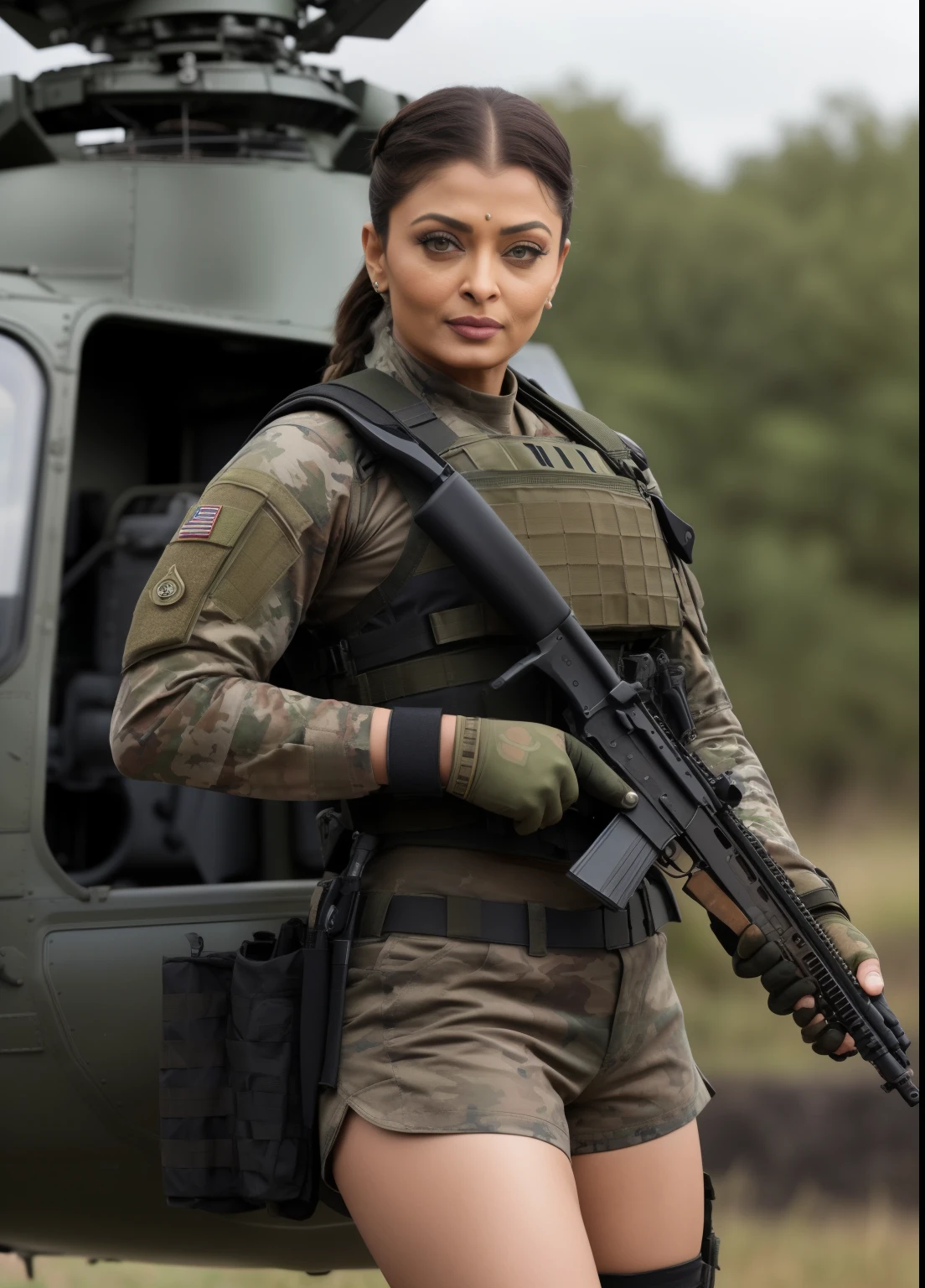 45yo MATURE MILF AISHWARYA RAI, with assault riffle in hands, (photorealistic), beautiful lighting, best quality, realistic, full body portrait, real picture, intricate details, depth of field, 45-years-old, standing next to army helicopter, A very attractive milf sexy solider girl with ((single ponytail hair)), wearing black shorts and tight crop top, knee high boots, camo plate carrier rig, combat gloves, (kneepads), highly-detailed, perfect face, hazel eyes, lips, wide hips, small waist, tall, make up, tacticool, Fujifilm XT3, outdoors, bright day, Beautiful lighting, RAW photo, 8k uhd, film grain, ((bokeh))