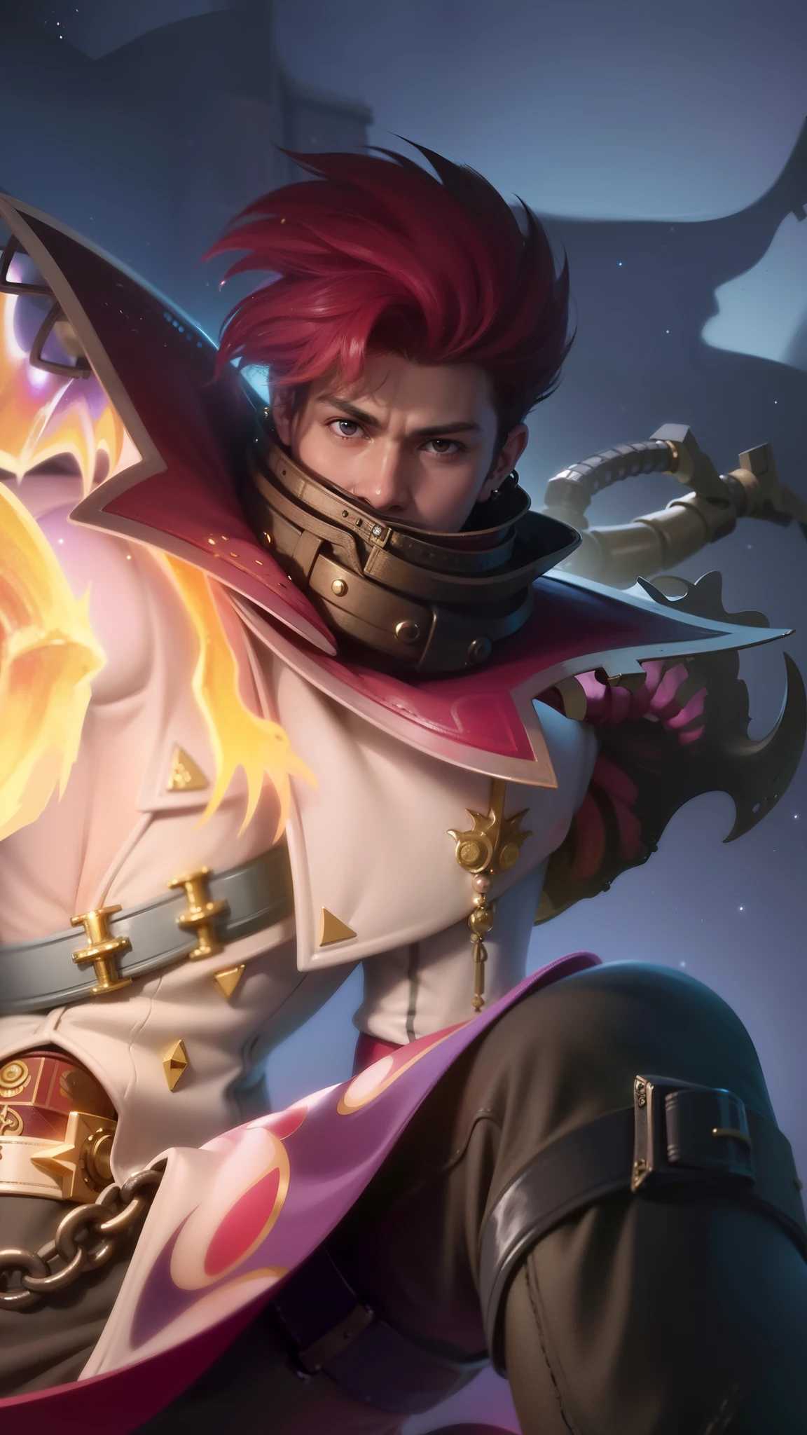 a close up of a boy with a steampunk mask on, Best quality, masterpiece, detailed skin texture, detailed clothes texture, detailed face, super detail, 8k, intricate detail, 1 boy, The color doesn't change, Muscle guy, 1 guy, red eyes.