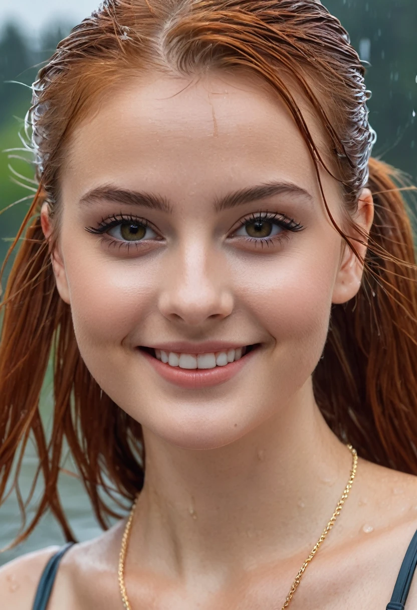 hyperrealistic beautiful busty 18-year-old women with long legs wearing vinyl fullbody swimsuit, model shooting full body photography, soaky wet skin, natural redhead short straight ponytail, dark eye makeup with eyeliner, seductive smile, small necklace, 8K, Best quality, Meisterwerk, ultra high resolution, (Realismus: 1.4), Originalfoto, (realistische Hautstruktur: 1.3), (Filmkorn: 1.3), (Selfie-Winkel), 1 girl, Beautiful round hazel eyes and facial details, Meisterwerk, Best quality, posing outside in the rain
