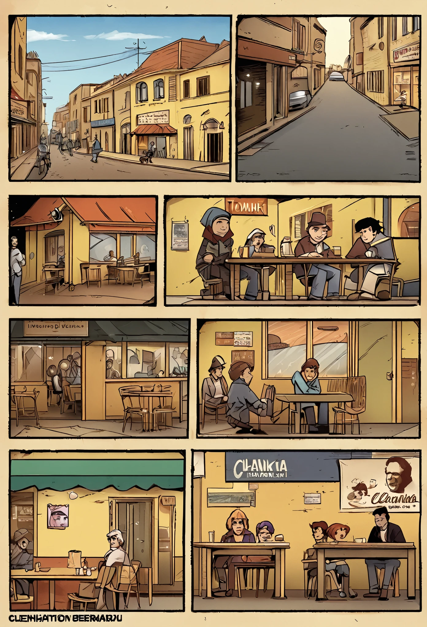 illustration of a street scene with people sitting at tables and walking, by Raphaël Collin, by Bernard D’Andrea, inspired by Tomer Hanuka, ( asaf hanuka ), by Asaf Hanuka, by Tomer Hanuka, by Clément Serveau, inspired by Asaf Hanuka, by Róbert Berény, french comic style