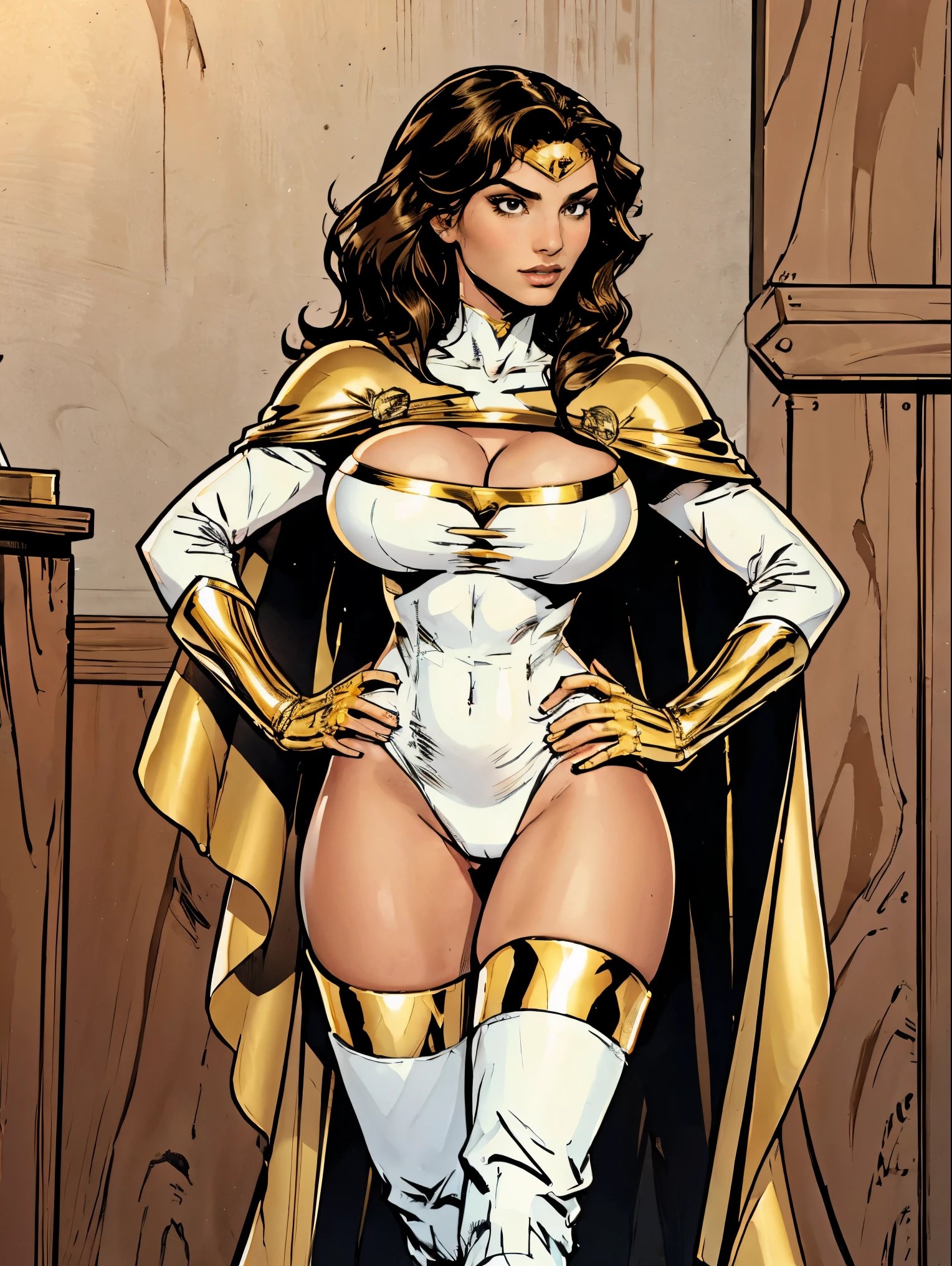 Gorgeous and sultry busty athletic (thin) brunette with sharp facial features and a (large nose) and (huge boobs) wearing a long-sleeve white and gold superhero leotard, cape, gloves, thigh-high boots