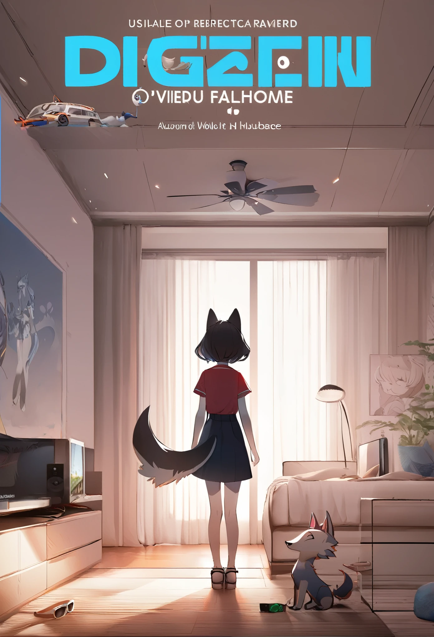 e621, cover page, anime key visual, highres, top quality, best quality, paid reward available, High-quality illustrations, unparalleled masterpiece, perfect artwork, absurdres(home video, 1girl, husband of wolf)family, in house, in room, smile, happy, perfect anatomy, fan-created work shared on platforms Pixiv or Twitter, cinematic lighting,