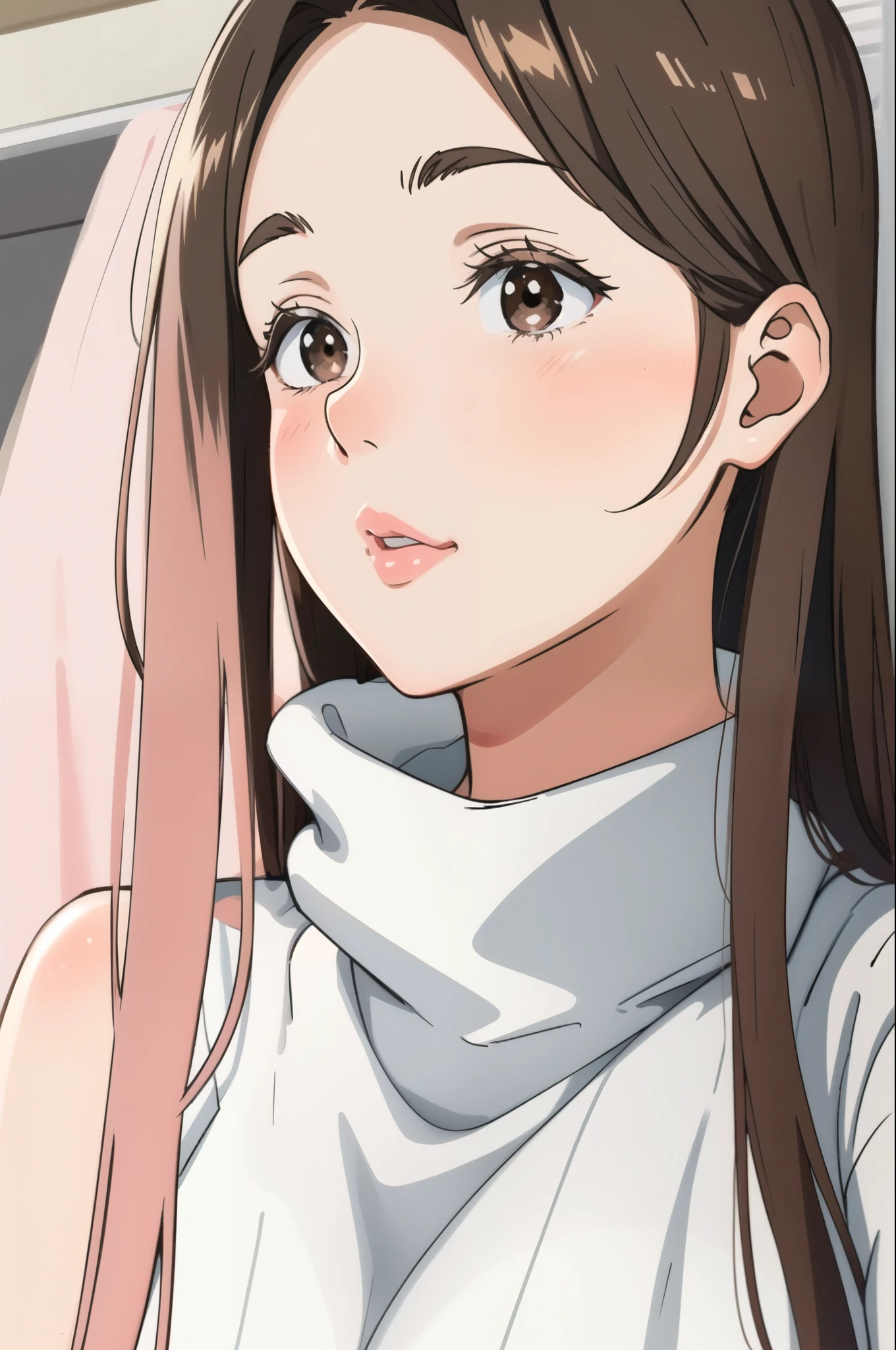 Girl, long straight brown hair, brown eyes, soft sharp features, white skin, pink lips, beautiful, sweater
