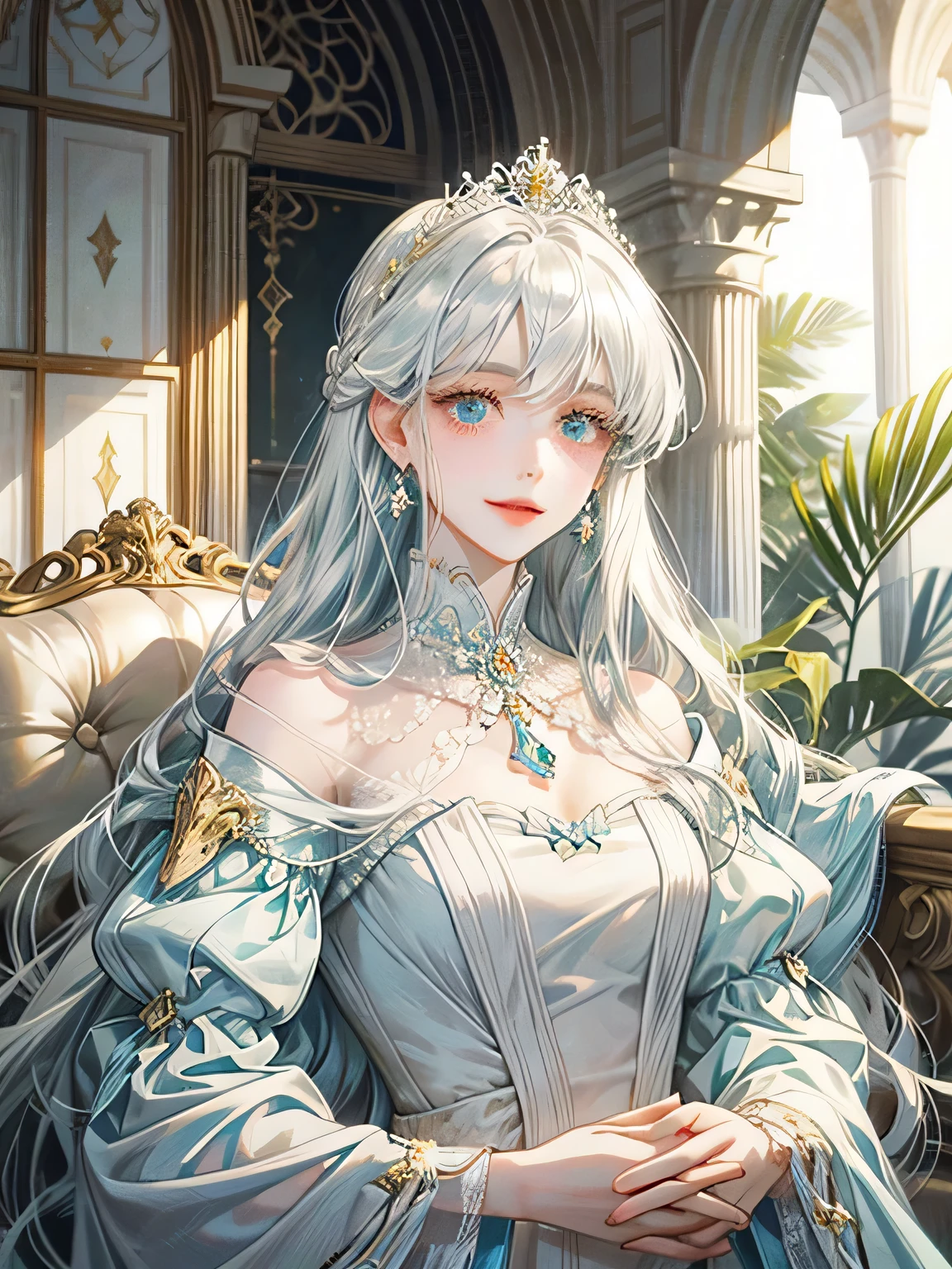 Princess in white dress、white hair、light blue、palace、pretty girl、beautiful、shine、droopy eyeole、ｍore、transparency、detailed face、（High quality）、long hair、smile, gold jewelry