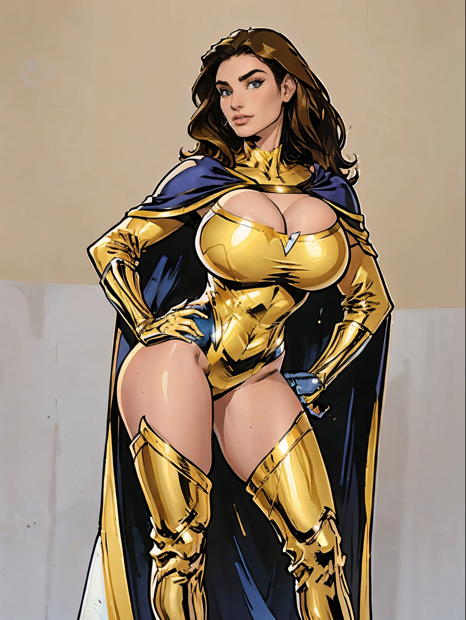 Gorgeous and sultry busty athletic (thin) brunette with sharp facial features and a (large nose) and (huge boobs) wearing a long-sleeve white and gold superhero leotard, cape, gloves, thigh-high boots