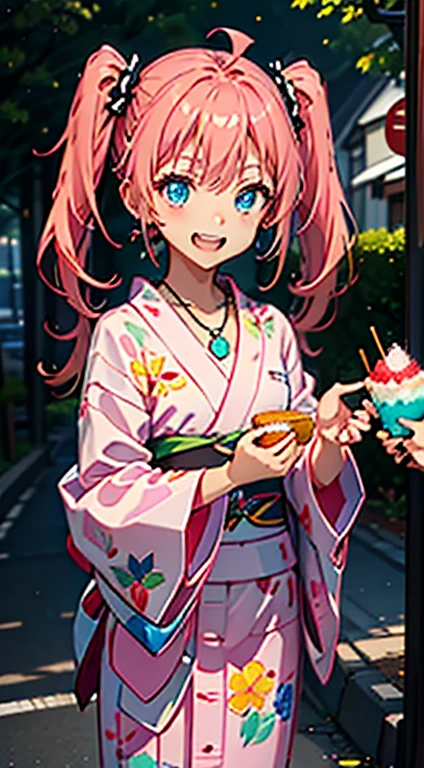 masterpiece, highest quality, 高解picture度，Anime Style、Characters from TenSura、picture、whole body　　　　　　　　　　　　Platinum pink hair（Twin tails:20:1）（Ahoge:1:10）、blue eyes、About 、fair、Yukata、Shaved ice in the right hand、smile、The double tooth shines、Red on the neck、white、Blue magatama necklace、（ピンクとwhiteのボーダーの靴下:7:1）