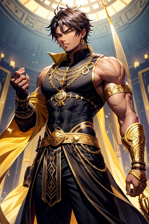 Genius warrior dressed in golden Arabic clothing, black vest, black pants, black jeweled bracelets, dark skinned man, brown hair, blue eyes stocky build