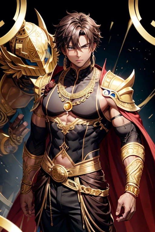 Genius warrior dressed in golden Arabic clothing, black vest, black pants, black jeweled bracelets, dark skinned man, brown hair, blue eyes stocky build