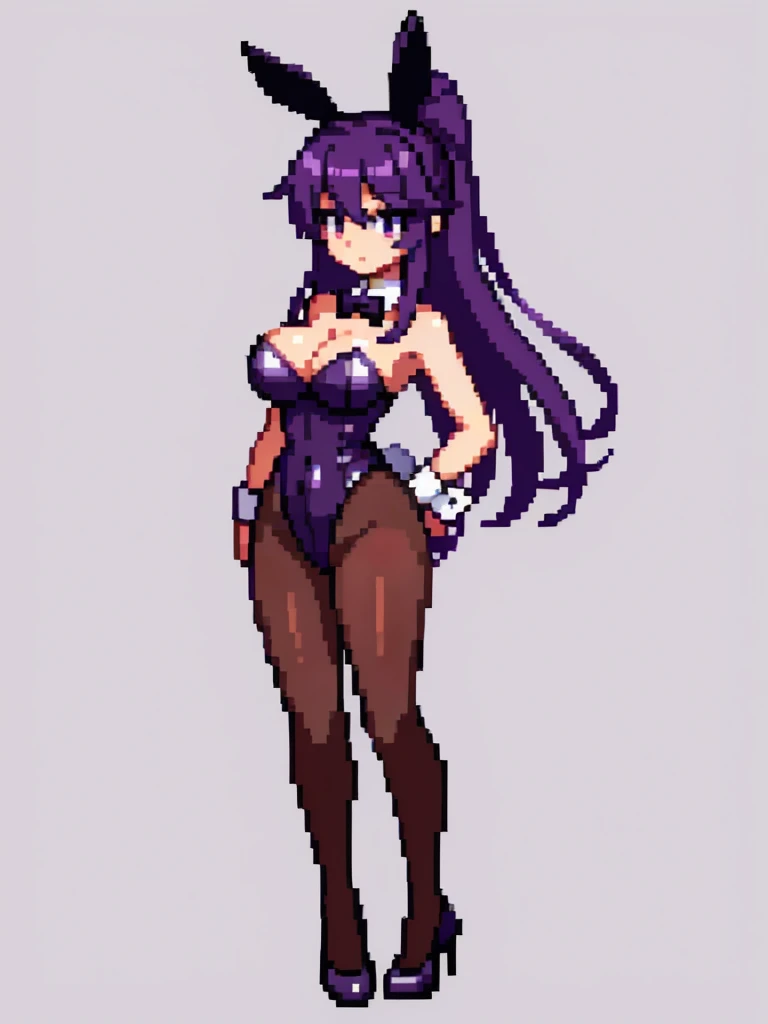 Pixel art, 6-life, full body,facing left,animal ears, rabbit ears, playboy bunny, 1girl, wrist cuffs, leotard, black leotard, fake animal ears, detached collar, tail, pantyhose,strapless leotard, solo, bow, long hair, strapless, bowtie, rabbit tail, high heels, purple hair'full body, black bowtie, brown legwear, white background, standing, black bow, simple background, hair ornament, looking at viewer, breasts,Big breasts,black footwear, cleavage,Saori Kido