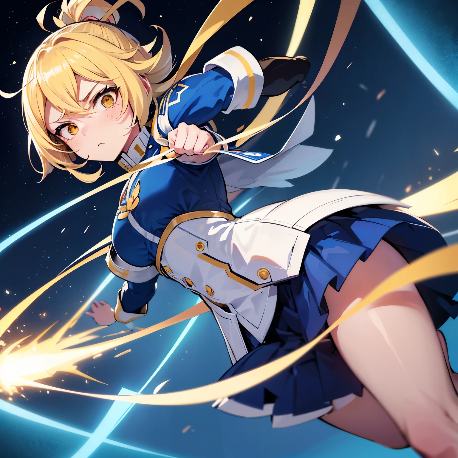 Captura de pantalla boku no hero academia.
Chica anime, personaje Marin Kitagawa, with blue colorful hero suit, blanco con detalles negros y dorados. Plano grande (de pies a cabeza), serious face and in attack position. Traje ajustado y sexy, pelo largo y liso con mechas rubias y blancas