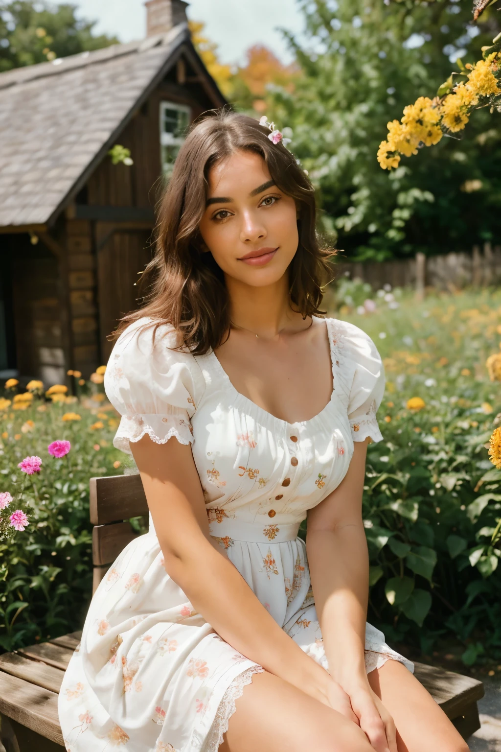 Photorealistic, exquisitely detailed, Influencer portrait, Cottagecore setting, Solo, seated on a vintage bench, surrounded by blooming flowers and a quaint country cottage in the background, sunlit scene with warm, golden hues, early autumn, floral dress, 25 years old, expressive, captivating, showcasing intricate lace detailing, flawless complexion, glowing skin, realistic skin texture, detailed eyes accentuated with natural makeup, professional, 6k, enchanting smile, shot on Nikon, 50mm, shallow depth of field, Kodak Portra 400 filmstock, ethereal and dreamy