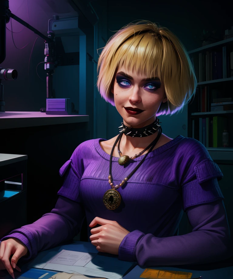 mistyo,blonde hair,blue eyes,medium hair,makeup,
purple sweater,collarbone,choker,necklace,
smile,sitting,
dark room,science fiction,counter,purple lighting,
(insanely detailed, masterpiece, best quality),solo,