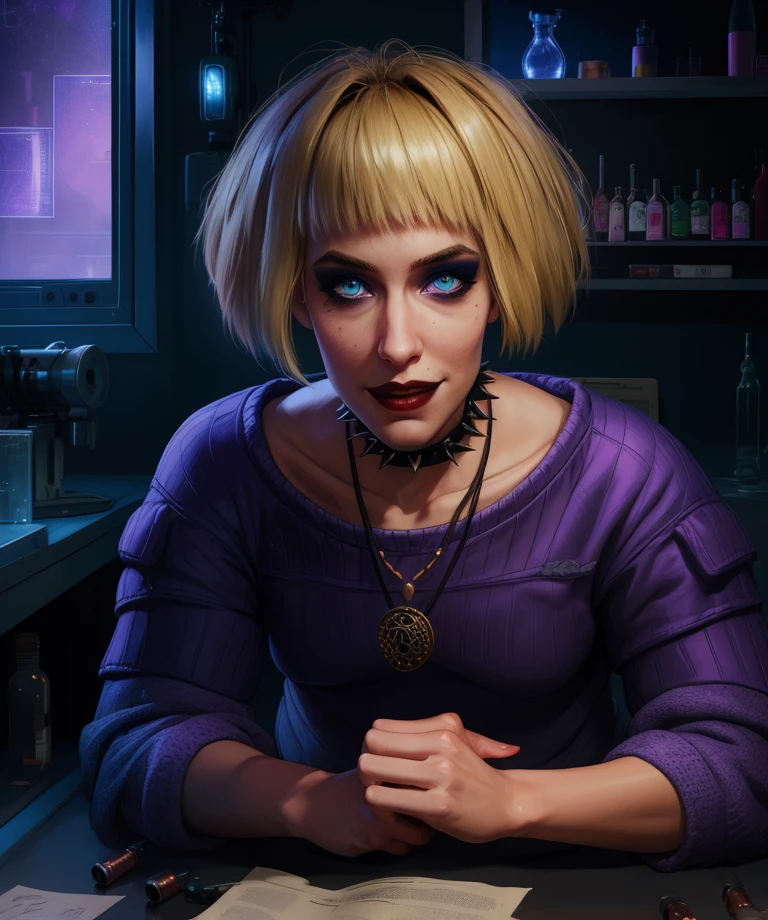 mistyo,blonde hair,blue eyes,medium hair,makeup,
purple sweater,collarbone,choker,necklace,
smile,sitting,
dark room,science fiction,counter,purple lighting,
(insanely detailed, masterpiece, best quality),solo,