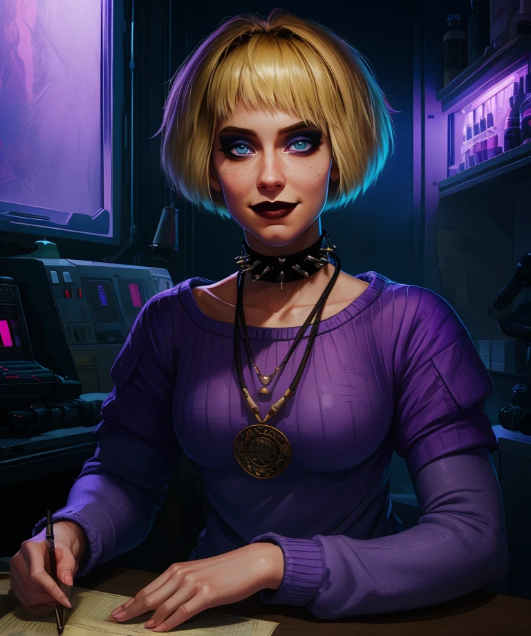 mistyo,blonde hair,blue eyes,medium hair,makeup,
purple sweater,collarbone,choker,necklace,
smile,sitting,
dark room,science fiction,counter,purple lighting,
(insanely detailed, masterpiece, best quality),solo,