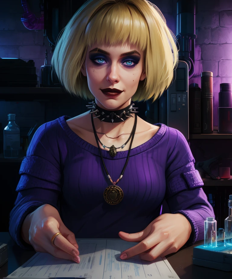 mistyo,blonde hair,blue eyes,medium hair,makeup,
purple sweater,collarbone,choker,necklace,
smile,sitting,
dark room,science fiction,counter,purple lighting,
(insanely detailed, masterpiece, best quality),solo,