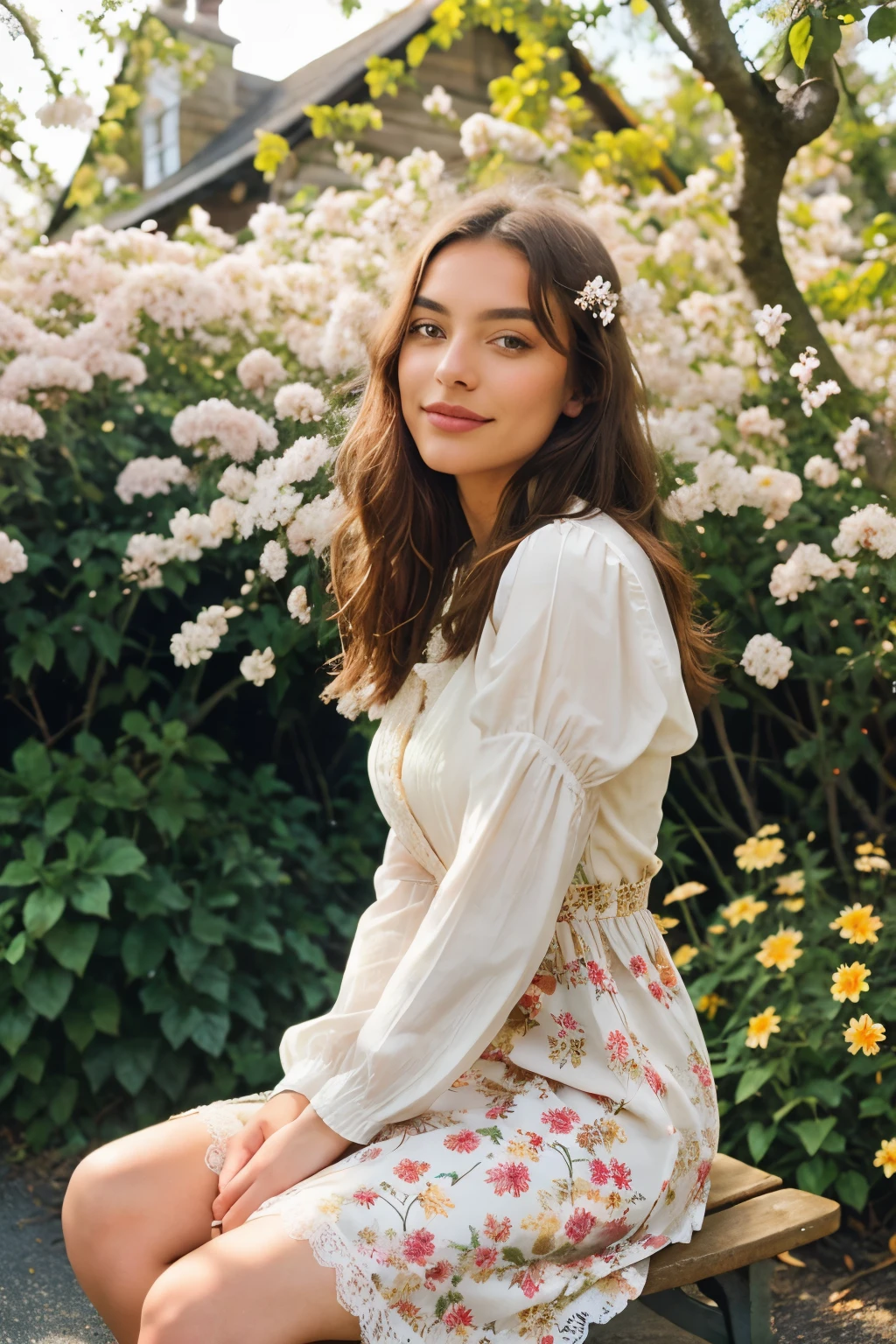 Photorealistic, exquisitely detailed, Influencer portrait, Cottagecore setting, Solo, seated on a vintage bench, surrounded by blooming flowers and a quaint country cottage in the background, sunlit scene with warm, golden hues, early autumn, floral dress, 25 years old, expressive, captivating, showcasing intricate lace detailing, flawless complexion, glowing skin, realistic skin texture, detailed eyes accentuated with natural makeup, professional, 6k, enchanting smile, shot on Nikon, 50mm, shallow depth of field, Kodak Portra 400 filmstock, ethereal and dreamy
