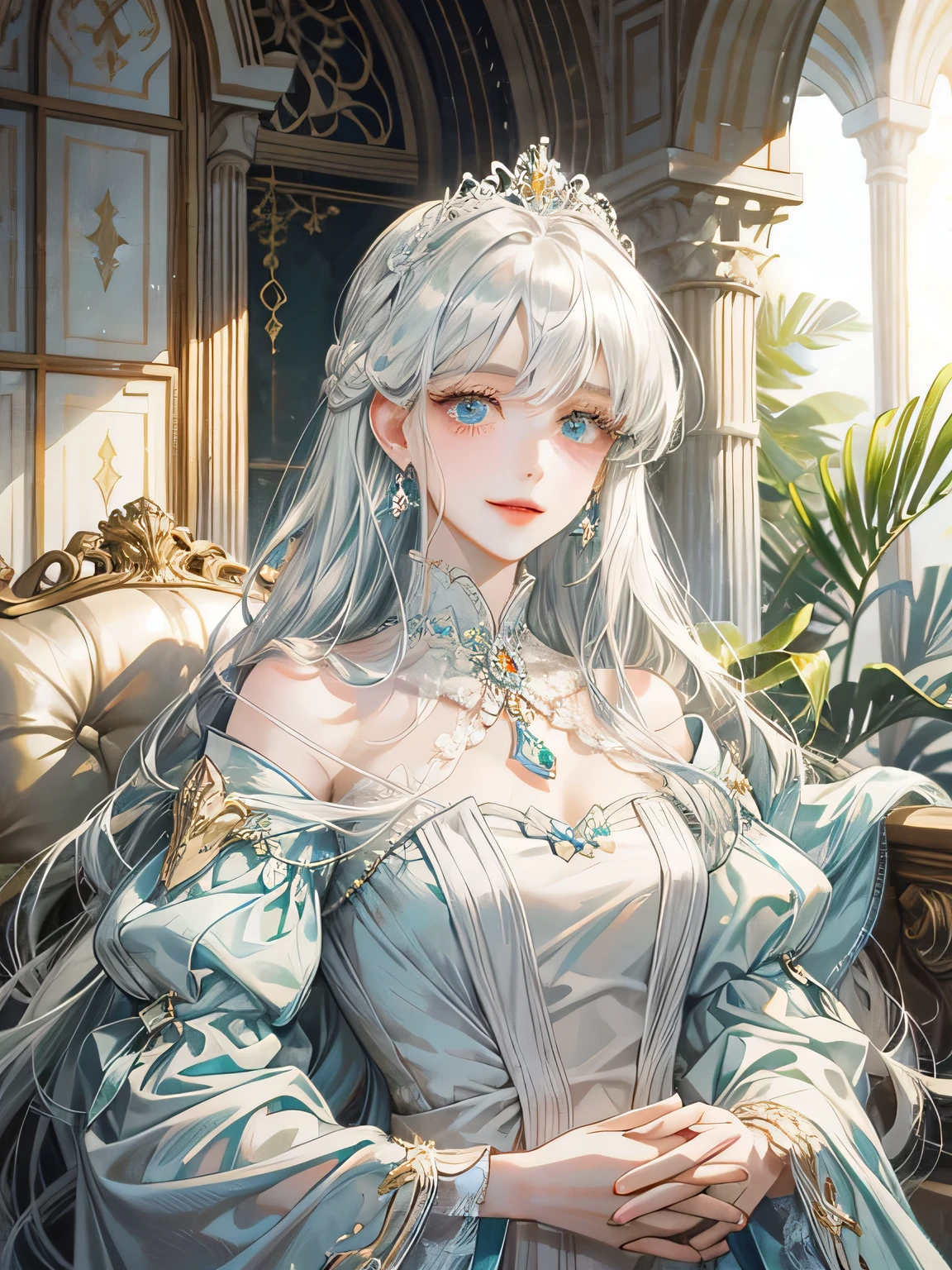 Princess in white dress、white hair、light blue、palace、pretty girl、beautiful、shine、droopy eyeole、more、transparency、detailed face、(High quality)、long hair、smile, gold jewelry