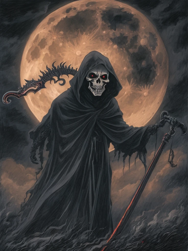 In the foreground: A dark grim reaper with a fire scythe. In the background: A dark scene, spooky, terrifying, full moon half covered by a cloud